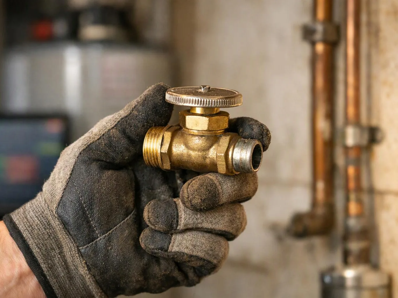 A gloved hand holds a brass plumbing valve in front of pipes and a blurred utility room background