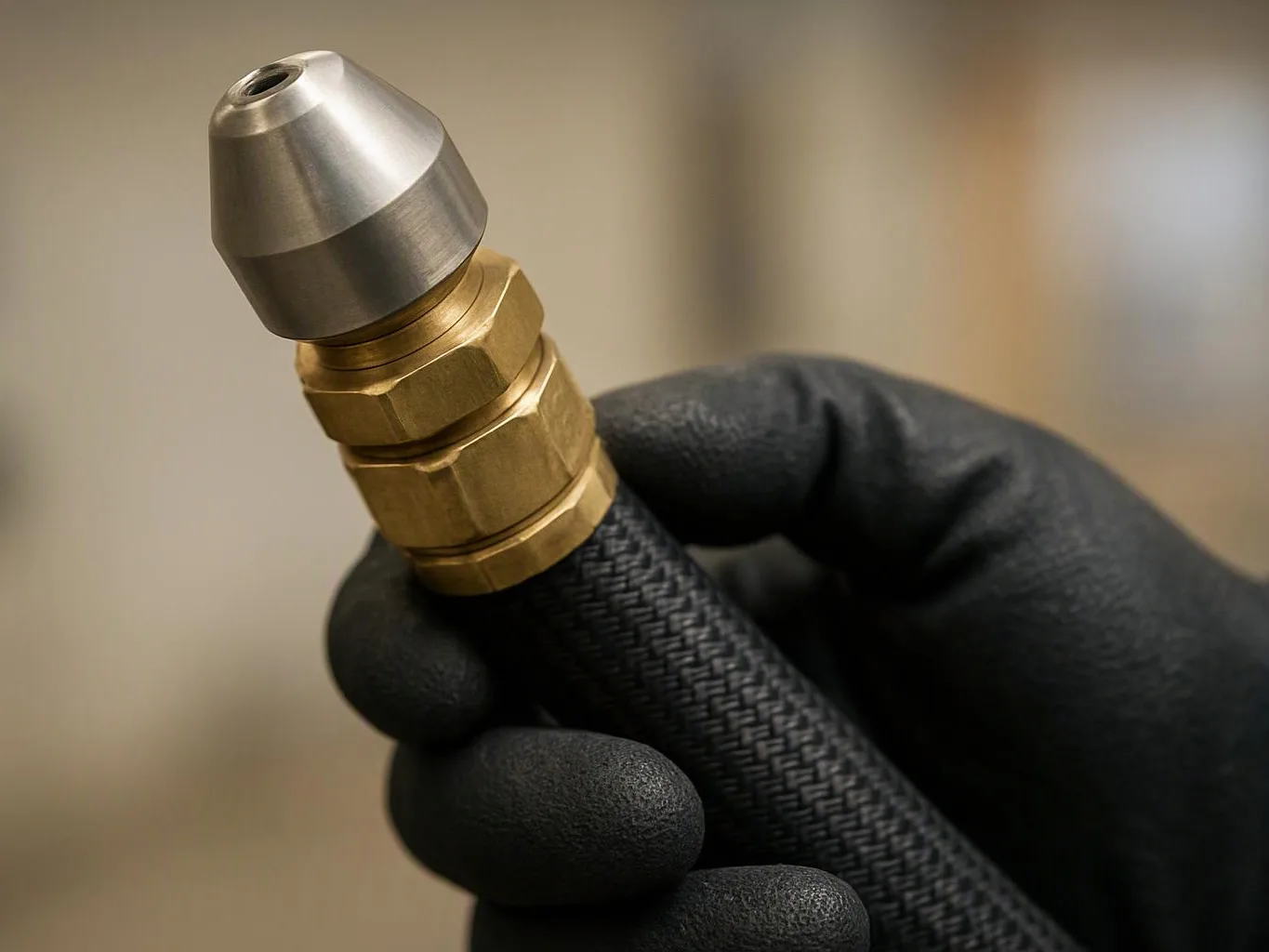 A gloved hand holds a brass and silver metal fitting against a blurred indoor background