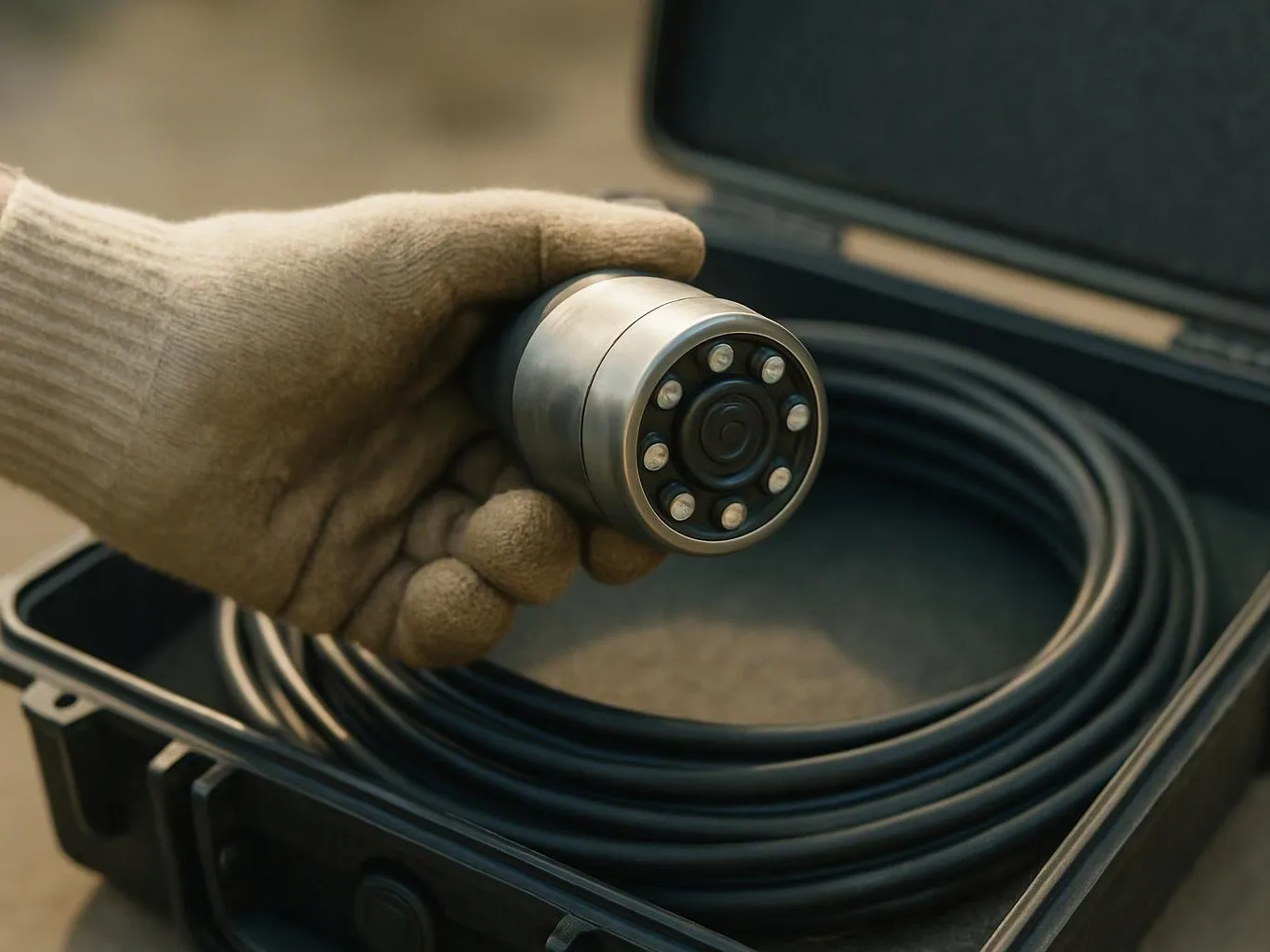 A gloved hand holds a metal camera unit beside a coiled cable inside an open black case