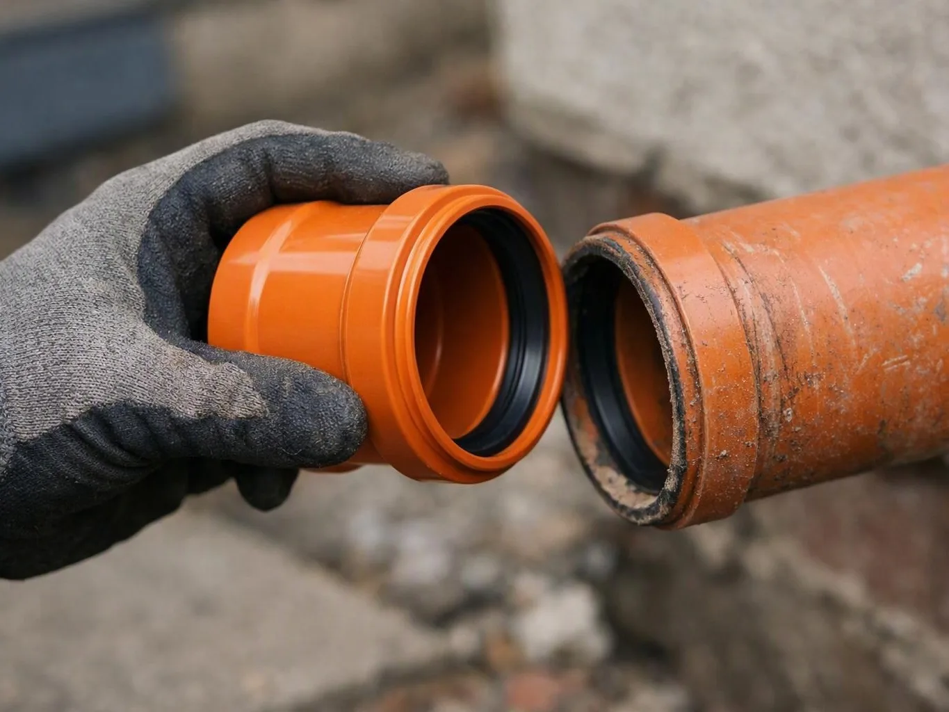 A gloved hand holds an orange pipe fitting beside a larger rusted pipe outdoors