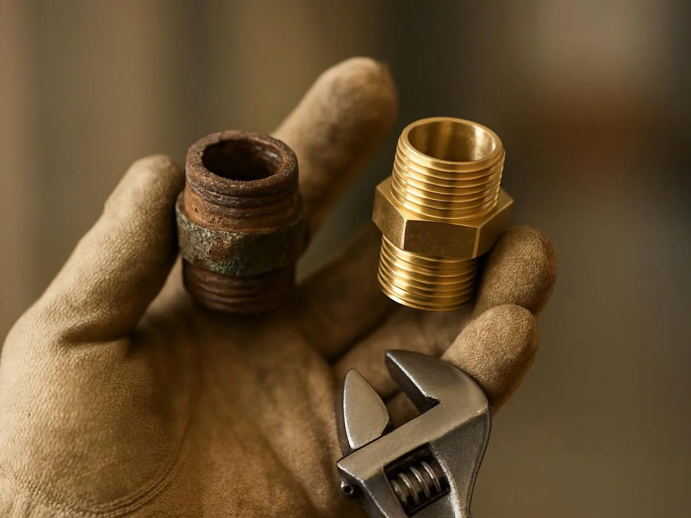 A gloved hand holds a rusty pipe fitting, a brass fitting, and an adjustable wrench against a blurred background