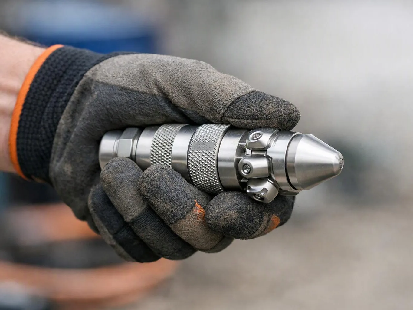 A gloved hand holds a shiny metal tool with a conical tip against a blurred workshop background