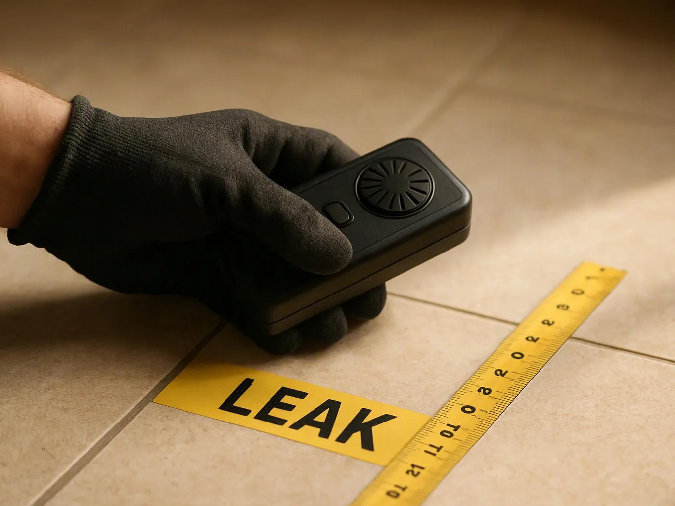A gloved hand holds a small black leak detector above a yellow tape label reading “LEAK” on tiled floor
