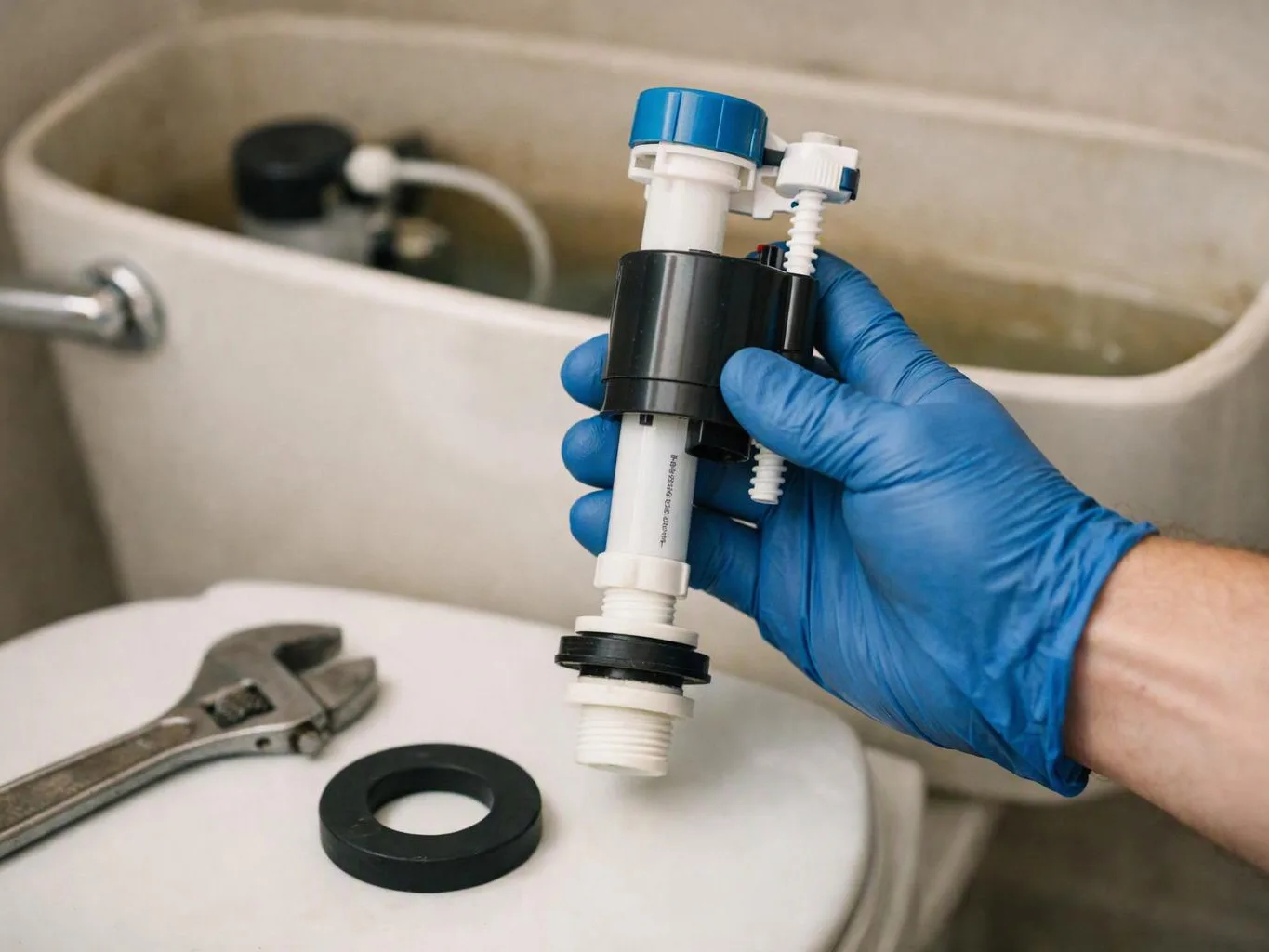 A gloved hand holds a toilet tank fill valve beside a wrench and black gasket on the lid