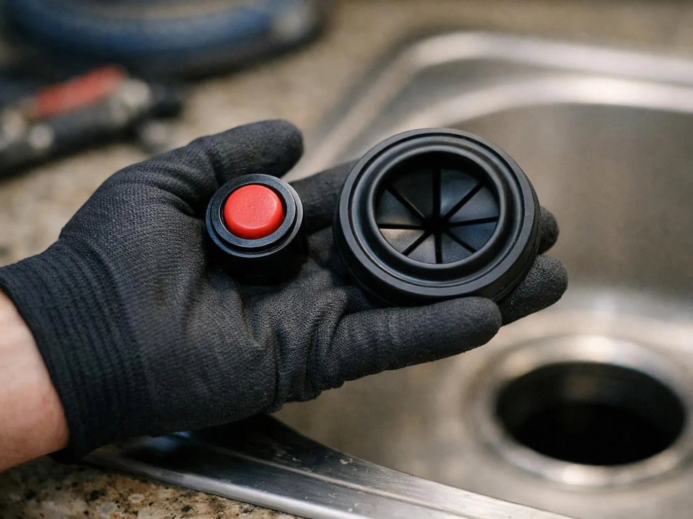 A gloved hand holds two black rubber sink drain plugs over a stainless steel sink basin