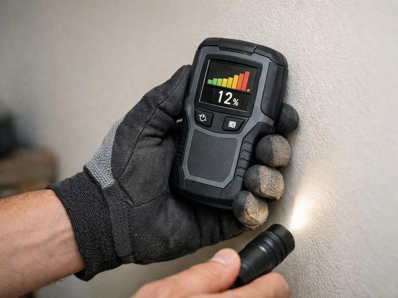 A gloved hand holds a wall scanner showing 12 percent while a flashlight shines on a plain wall