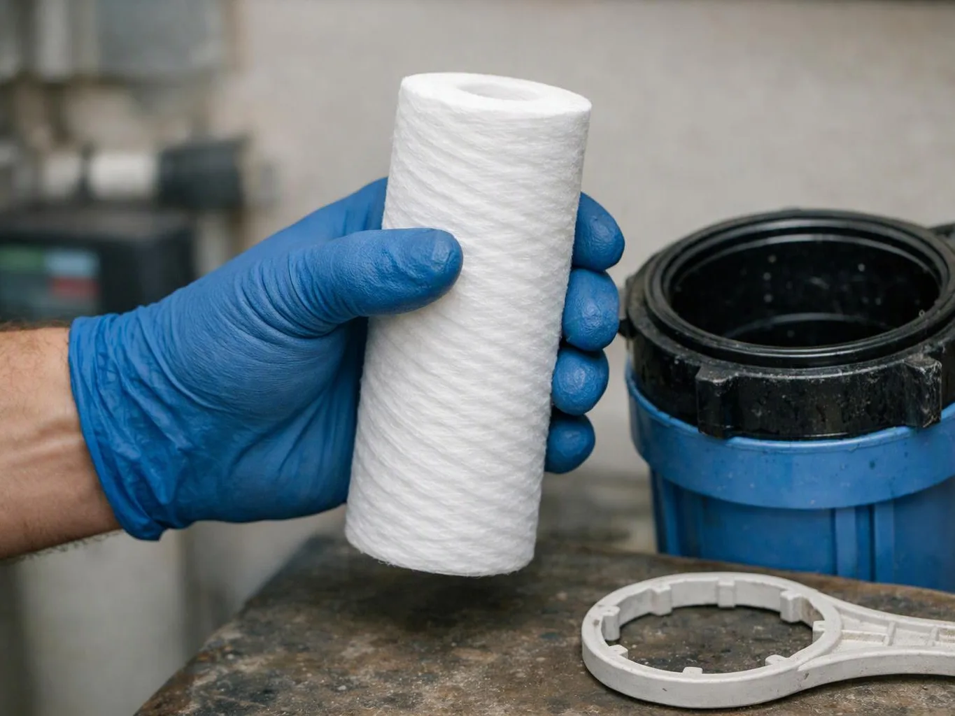 A gloved hand holds a white cylindrical filter cartridge beside an open blue housing on a workbench