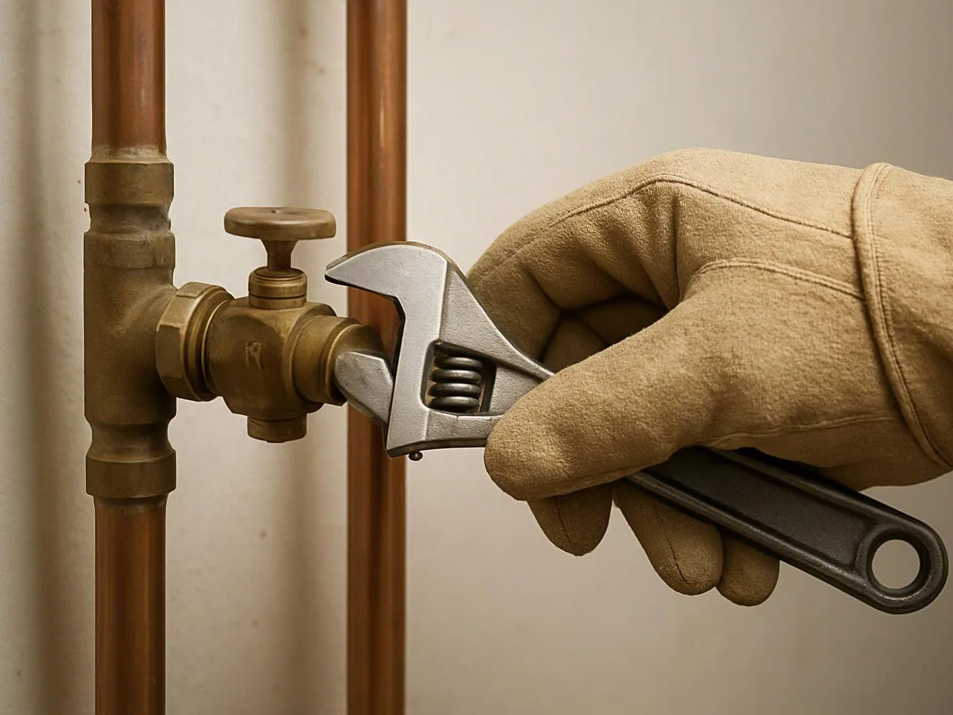 A gloved hand uses an adjustable wrench to turn a brass valve on copper pipes