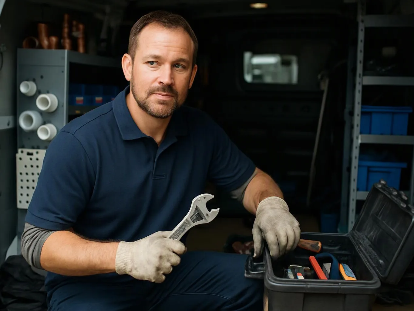 A gloved man sits in a workshop holding a wrench beside an open tool case