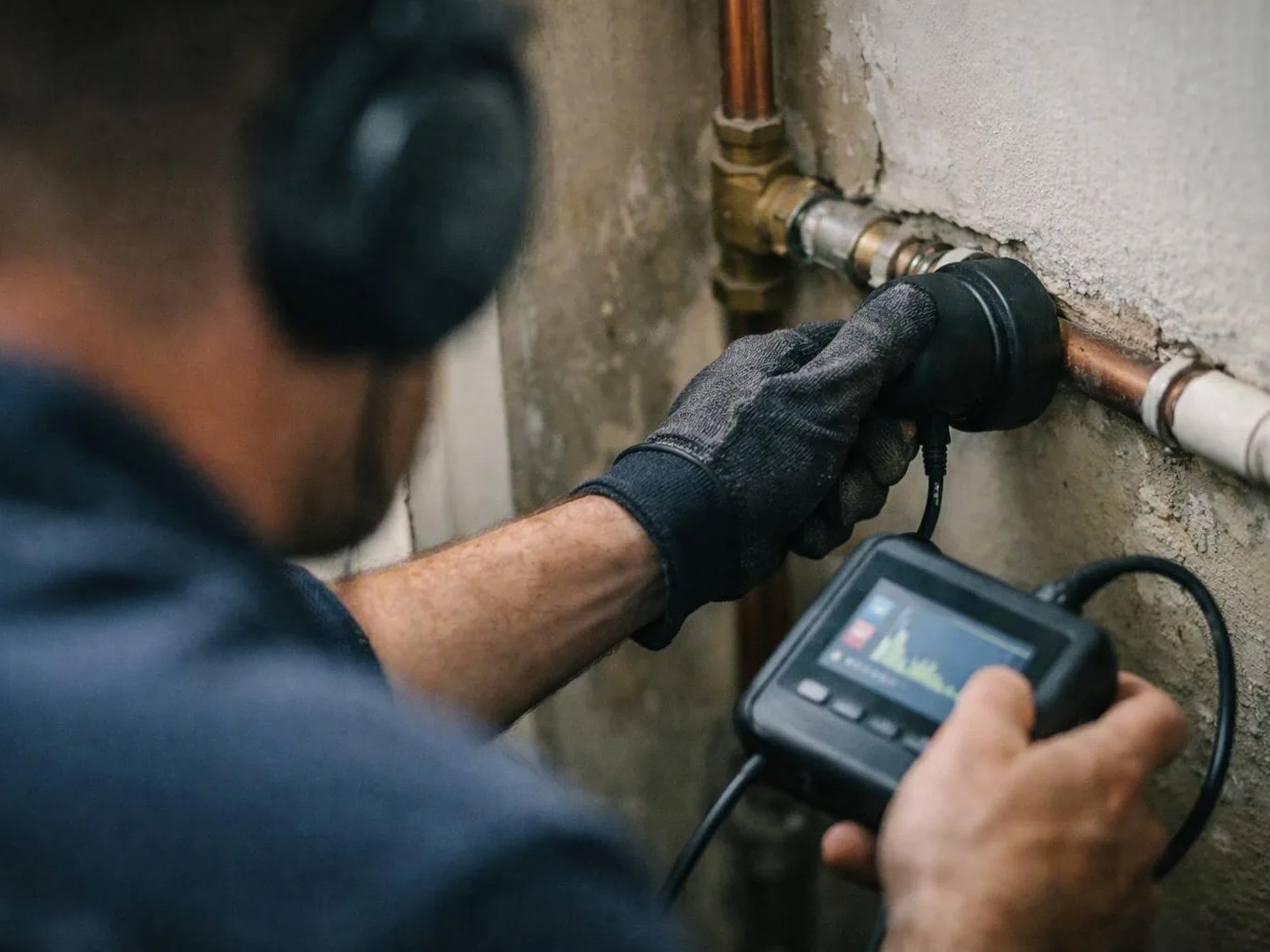 A gloved worker checks a wall pipe with a handheld meter in a tight utility space
