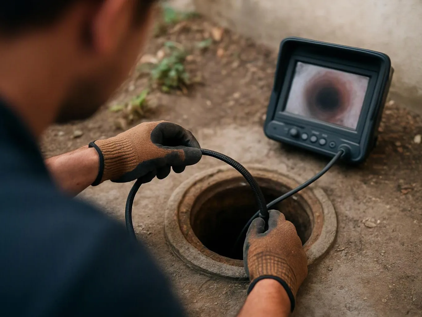 A gloved worker guides a camera cable into a round manhole while a monitor shows the pipe interior