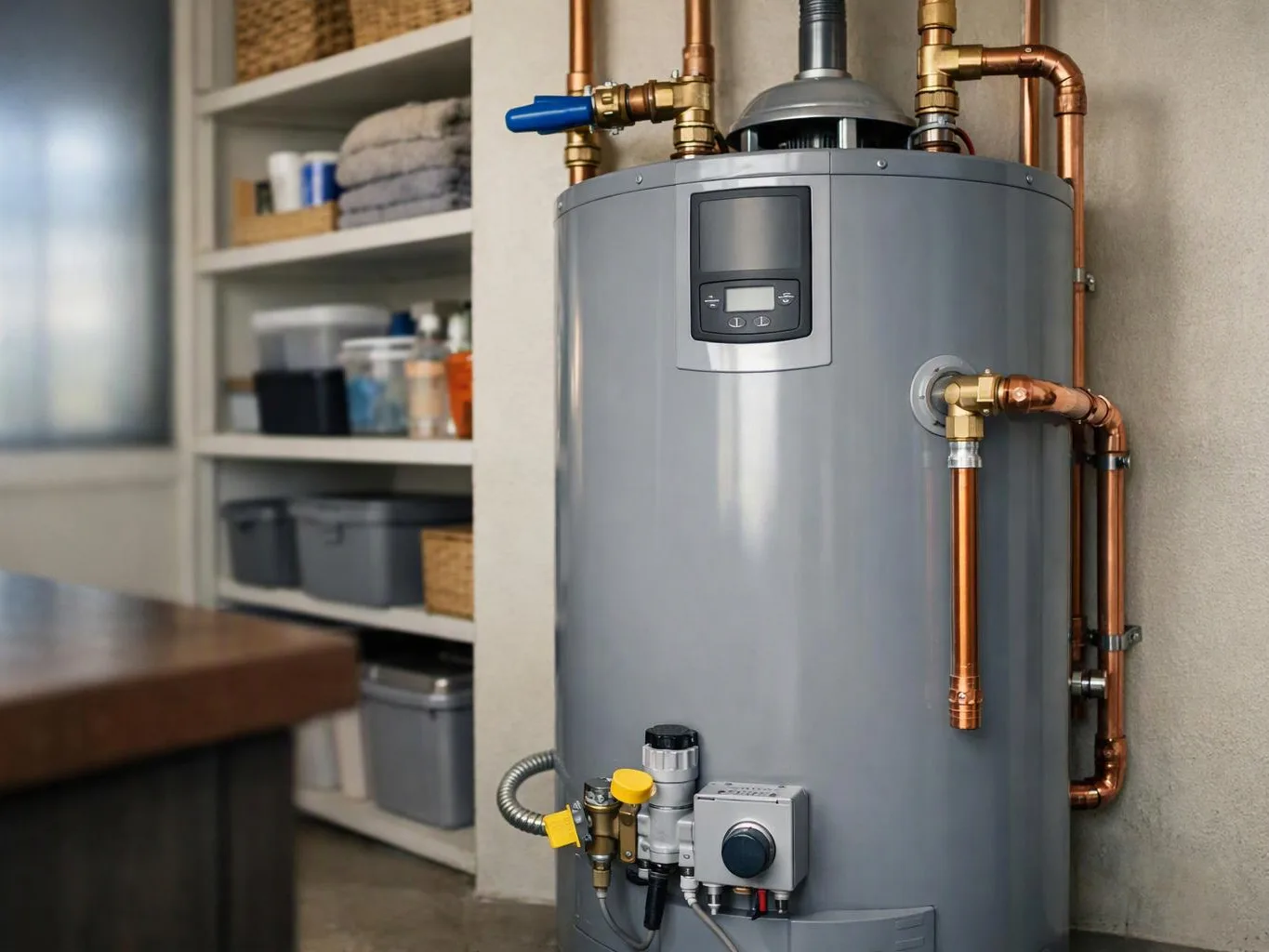 A gray water heater with copper pipes stands in a utility room beside shelves of folded towels and storage bins