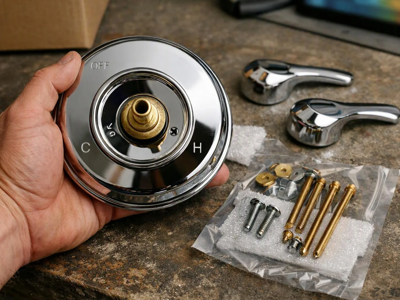 A hand holds a chrome faucet escutcheon, with matching handles and hardware laid out on a countertop