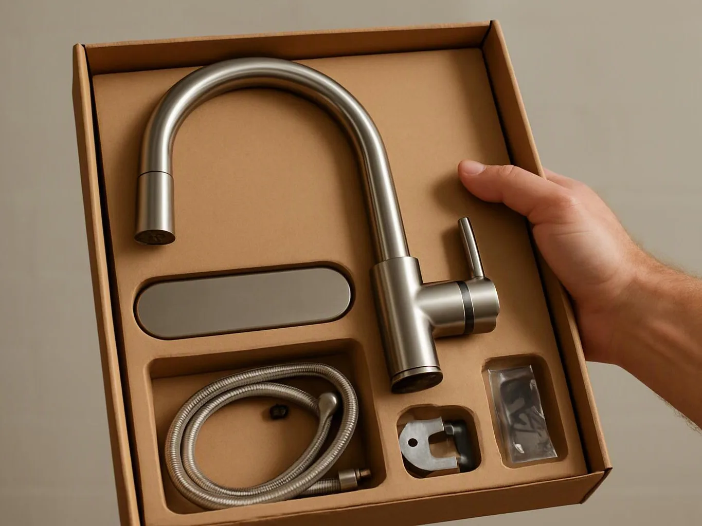 A hand holds an open box containing a stainless steel kitchen faucet, hose, and mounting parts