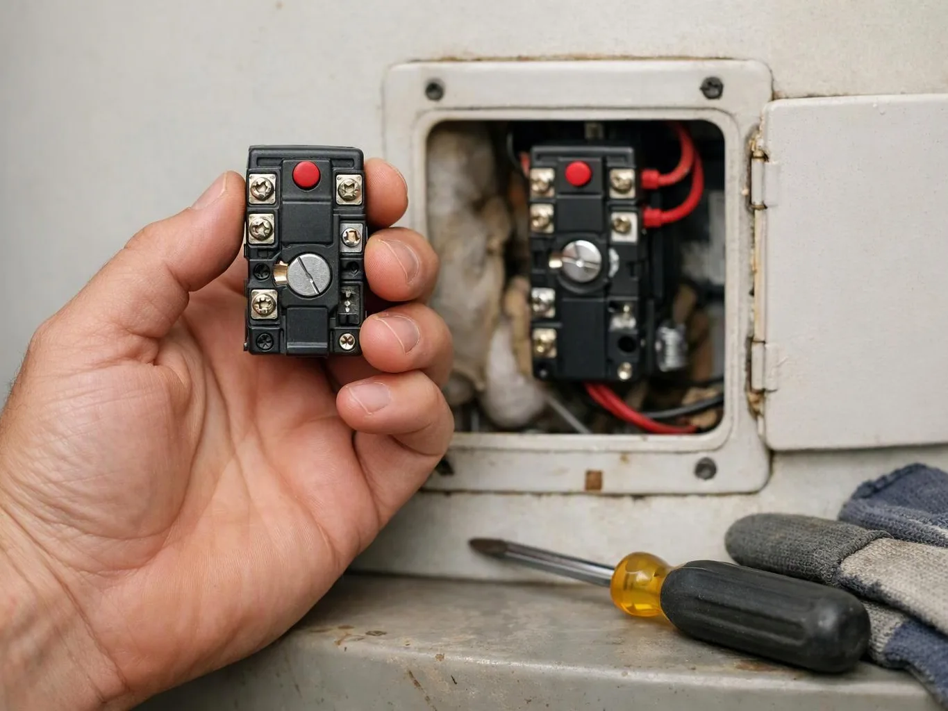 A hand holds a small electrical switch beside an open control box with wires and a screwdriver nearby