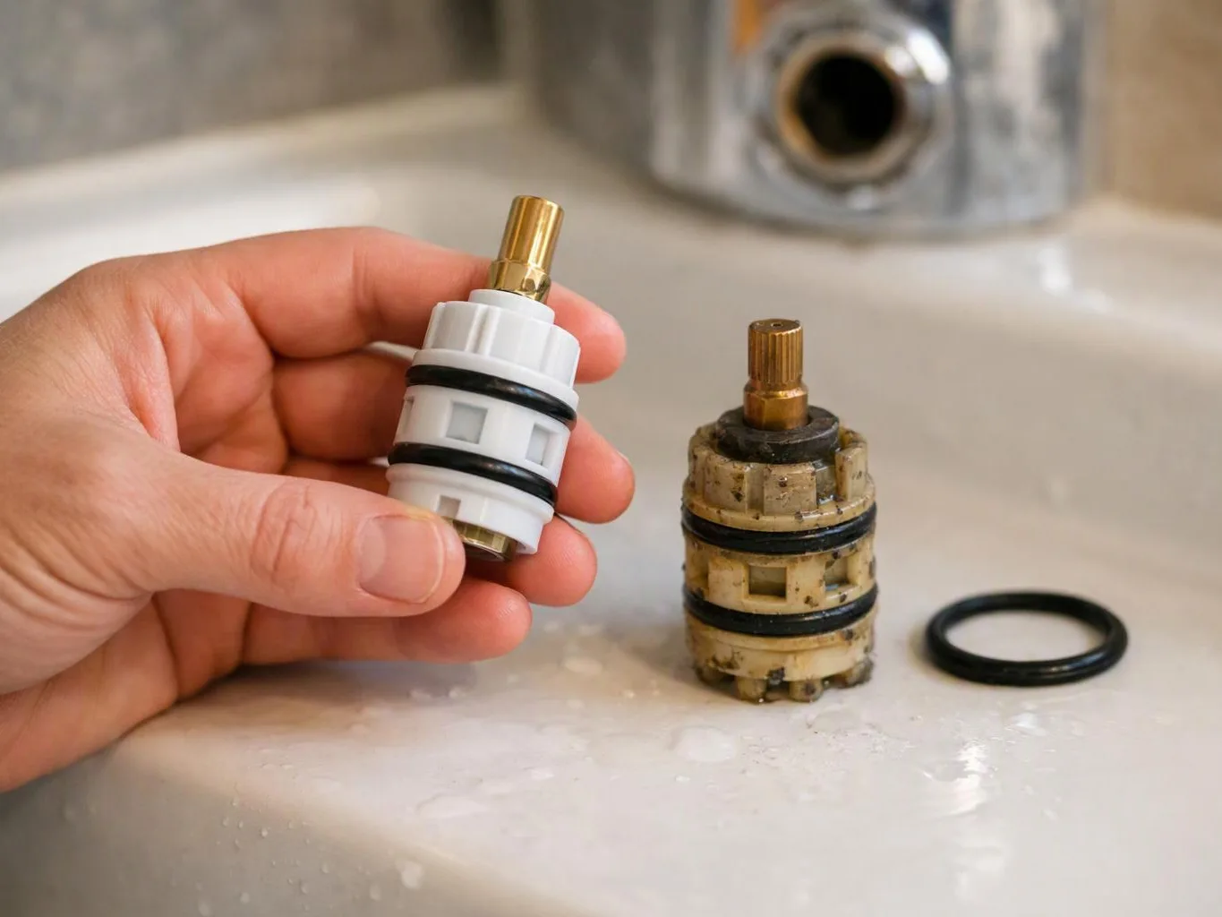 A hand holds a small white faucet cartridge beside a dirty old cartridge and a loose O-ring on a sink surface
