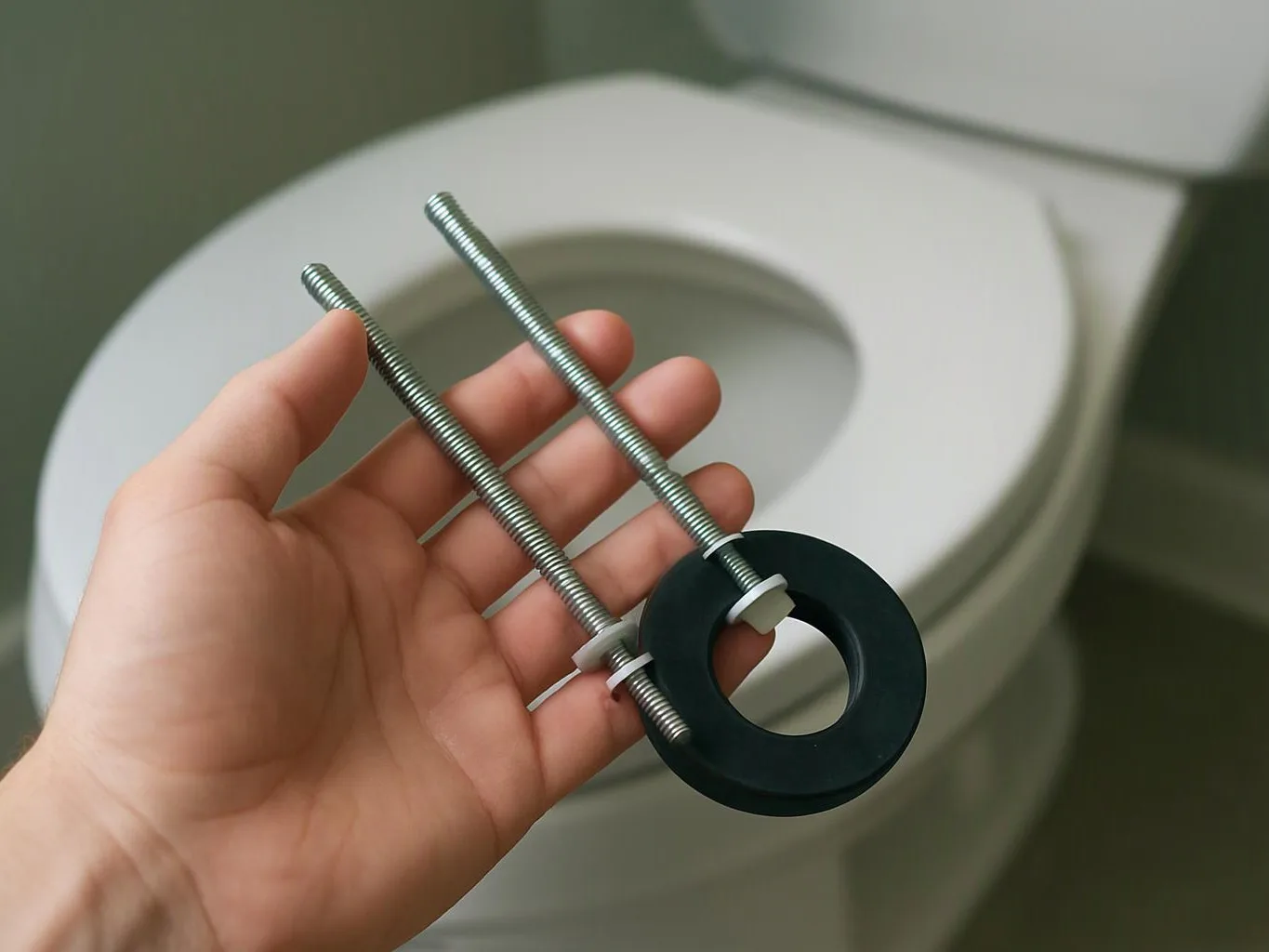 A hand holds two threaded bolts with a black ring in front of a toilet seat in a bathroom