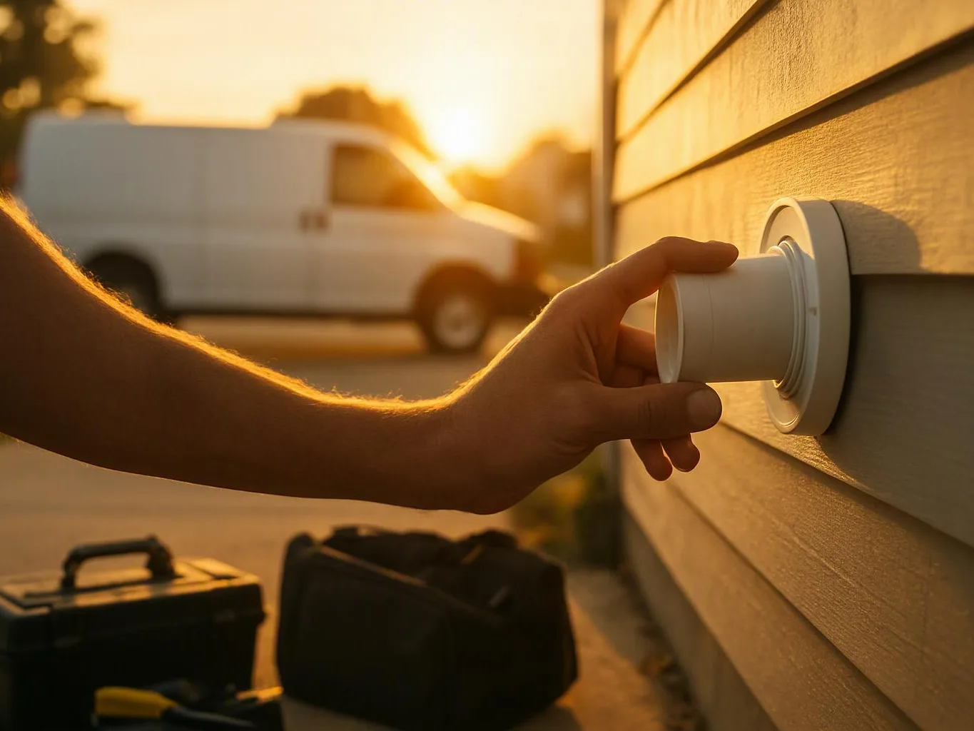 A hand plugs a white connector into a wall port beside a house at sunset