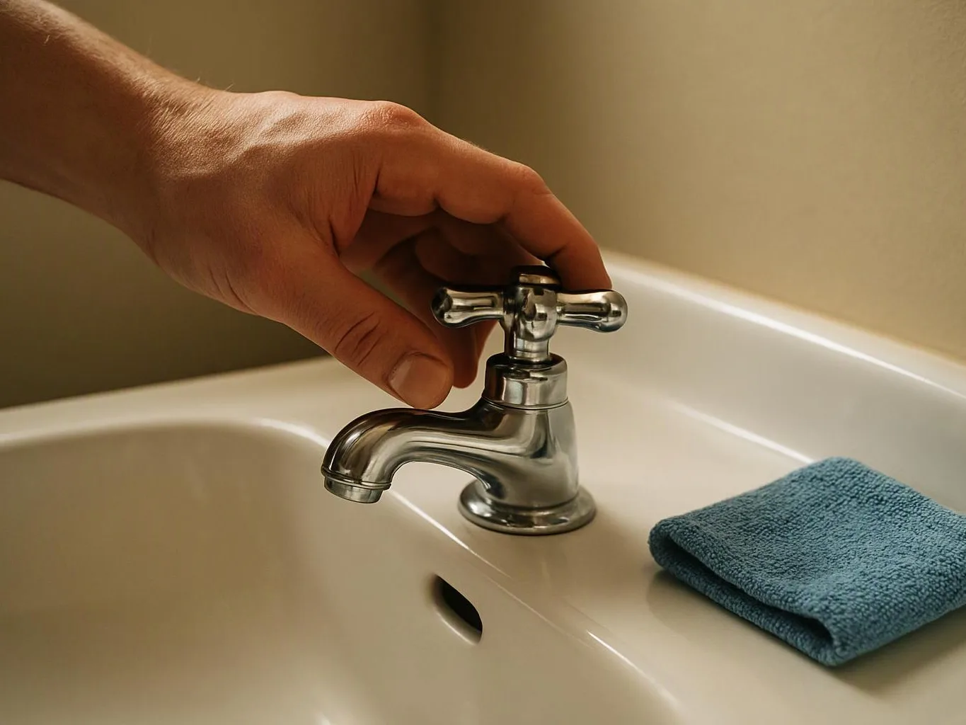 A hand turns a chrome bathroom sink faucet beside a folded blue towel