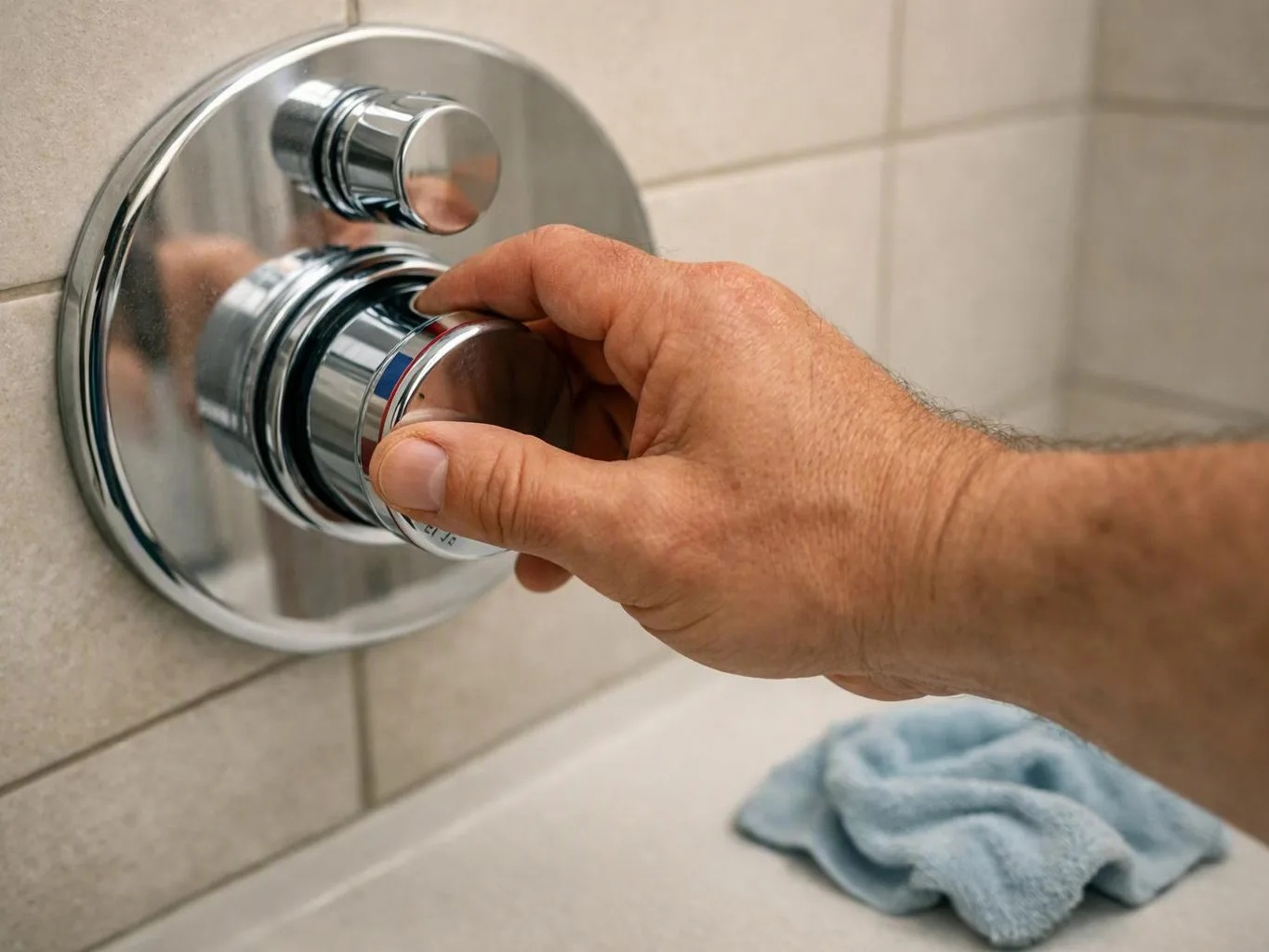 A hand turns a chrome shower control on a tiled bathroom wall