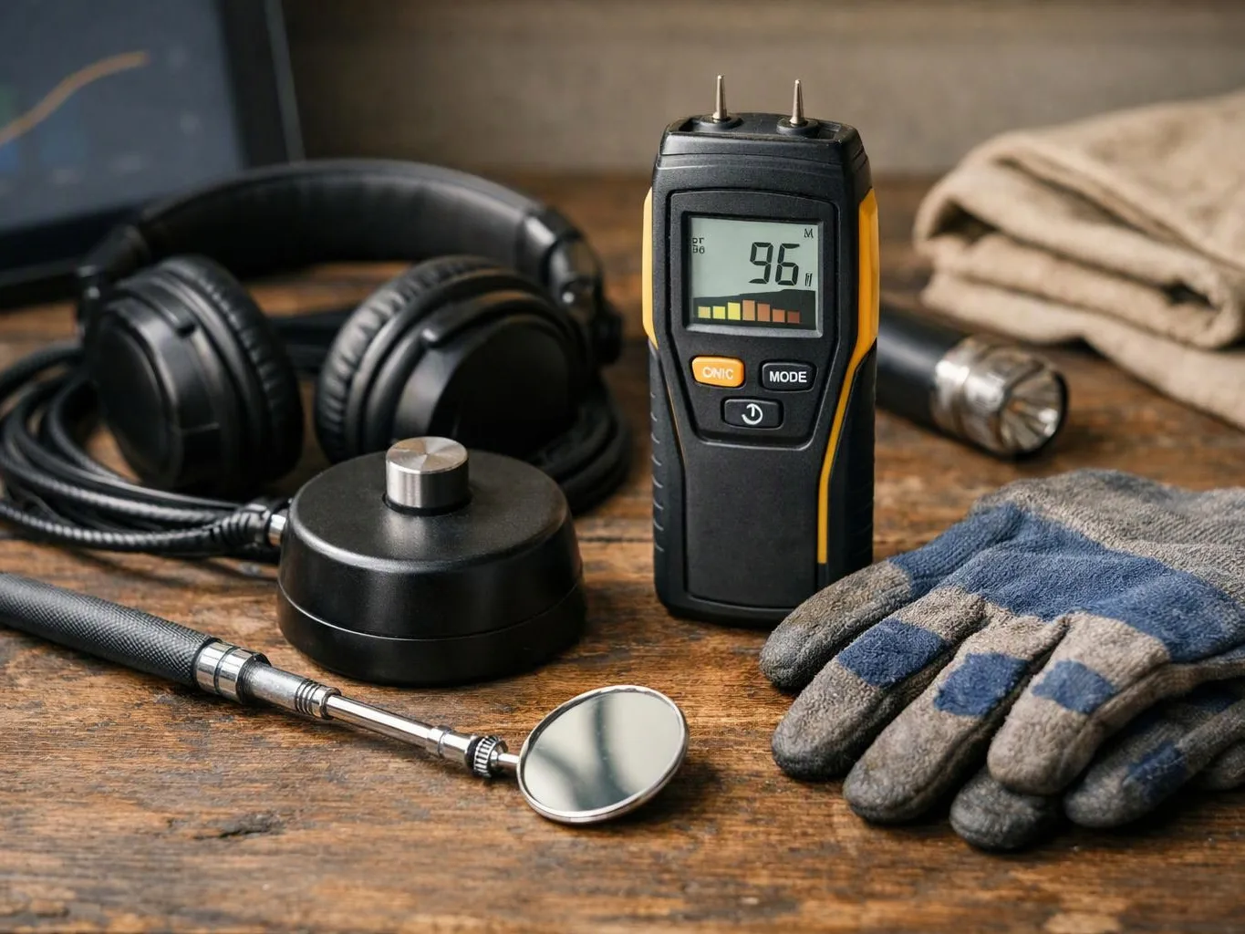 A handheld detector, headphones, gloves, and tools sit on a worn wooden workbench