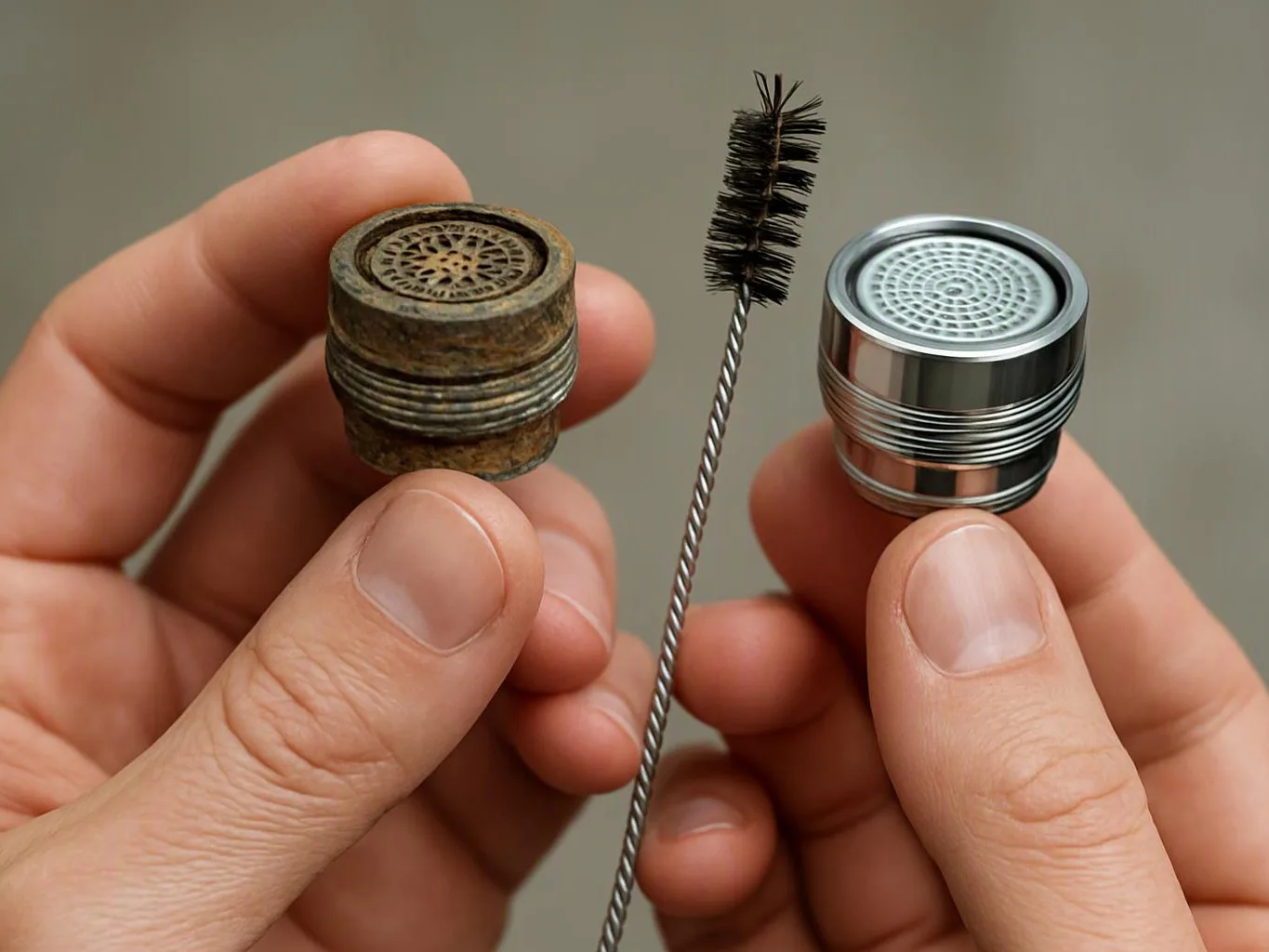 Hands hold a corroded faucet aerator, a cleaning brush, and a shiny replacement part against a plain background