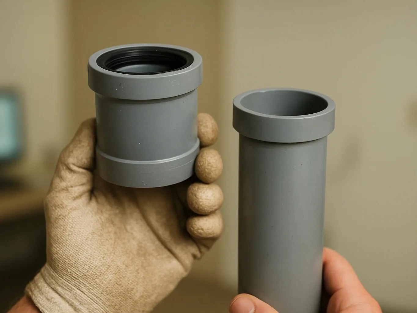 Hands hold two gray plastic pipe fittings against a plain indoor background
