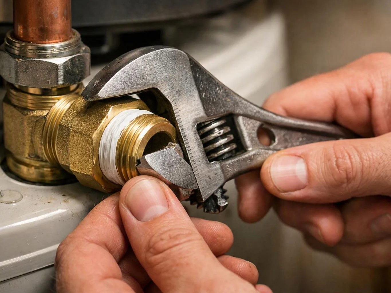 Hands use an adjustable wrench to tighten a brass pipe fitting with white tape