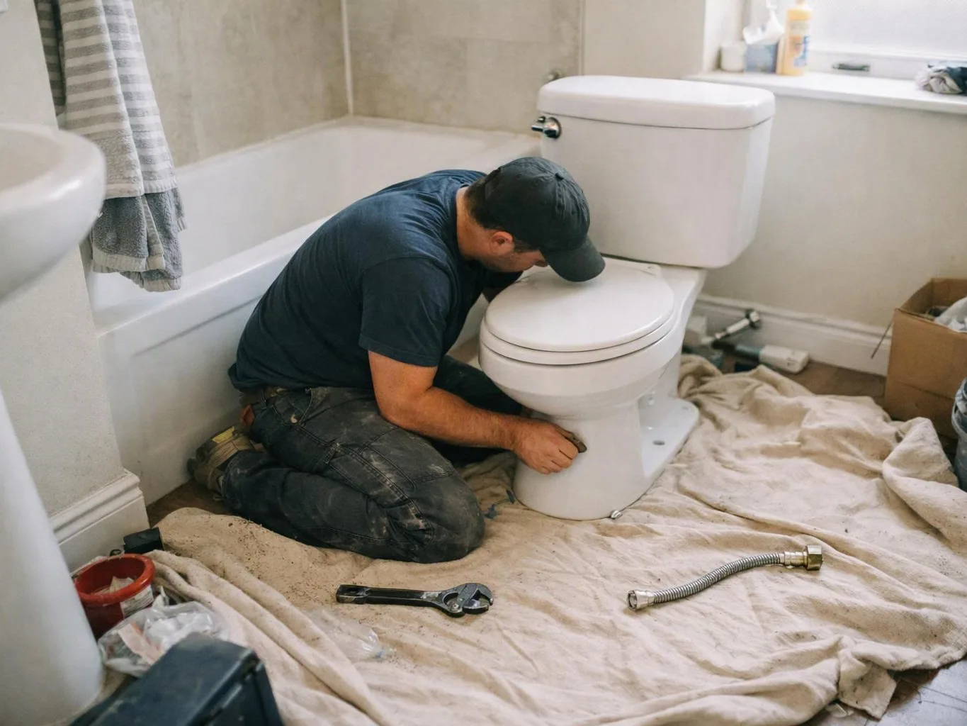 A man kneels on a drop cloth, installing a toilet in a bathroom with tools nearby