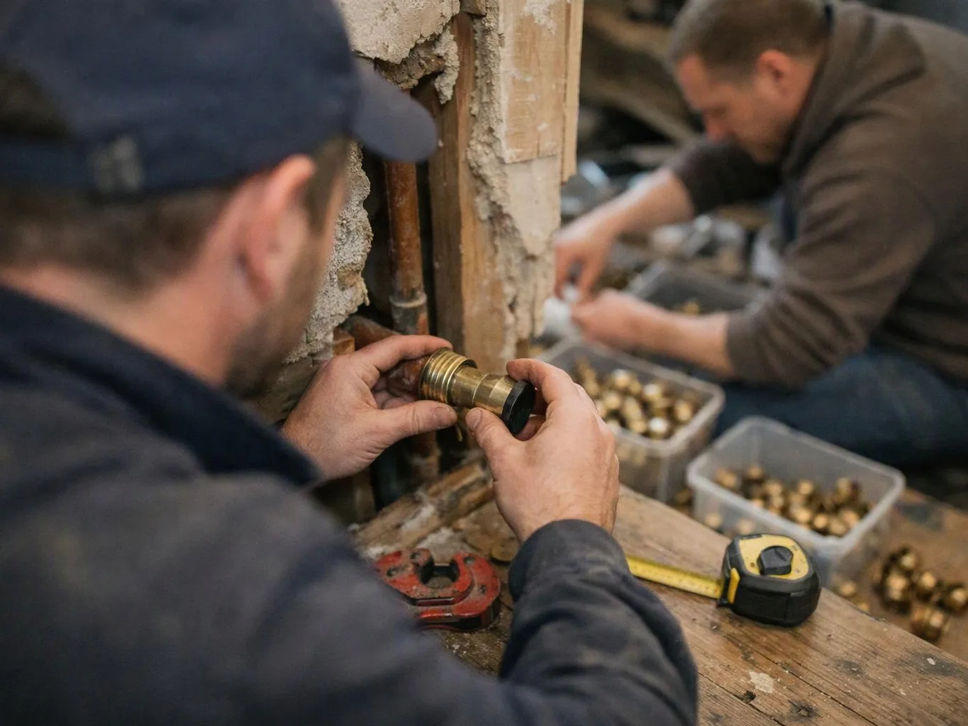 Two men work on plumbing parts in a damaged wall, sorting brass fittings beside plastic bins and tools