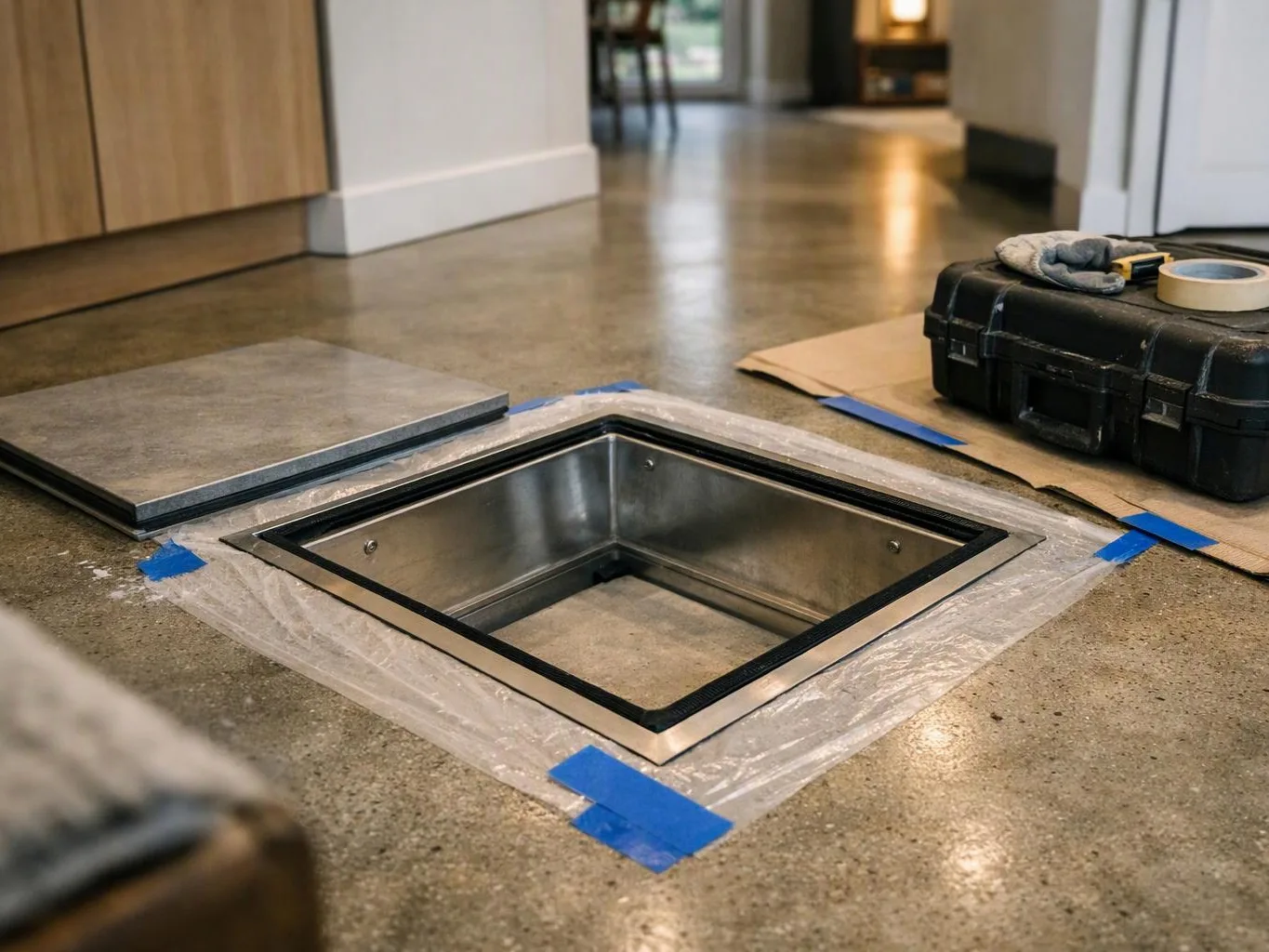 A kitchen floor opening is taped off beside a metal panel, tools, and a black case in a hallway