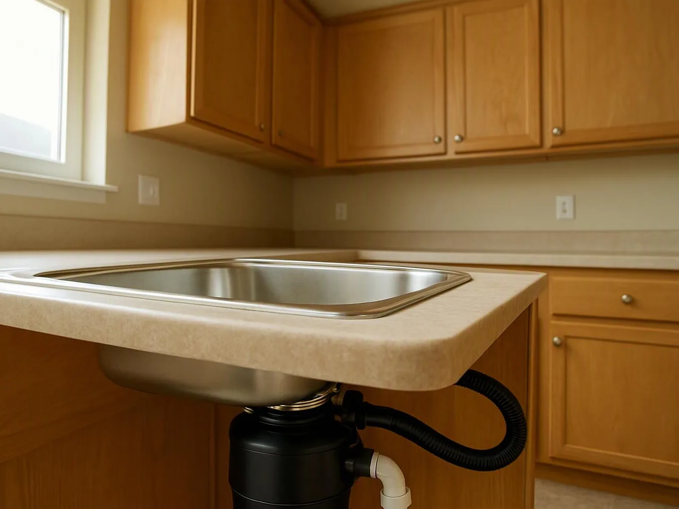 A kitchen sink sits in a beige countertop with wood cabinets and a window nearby