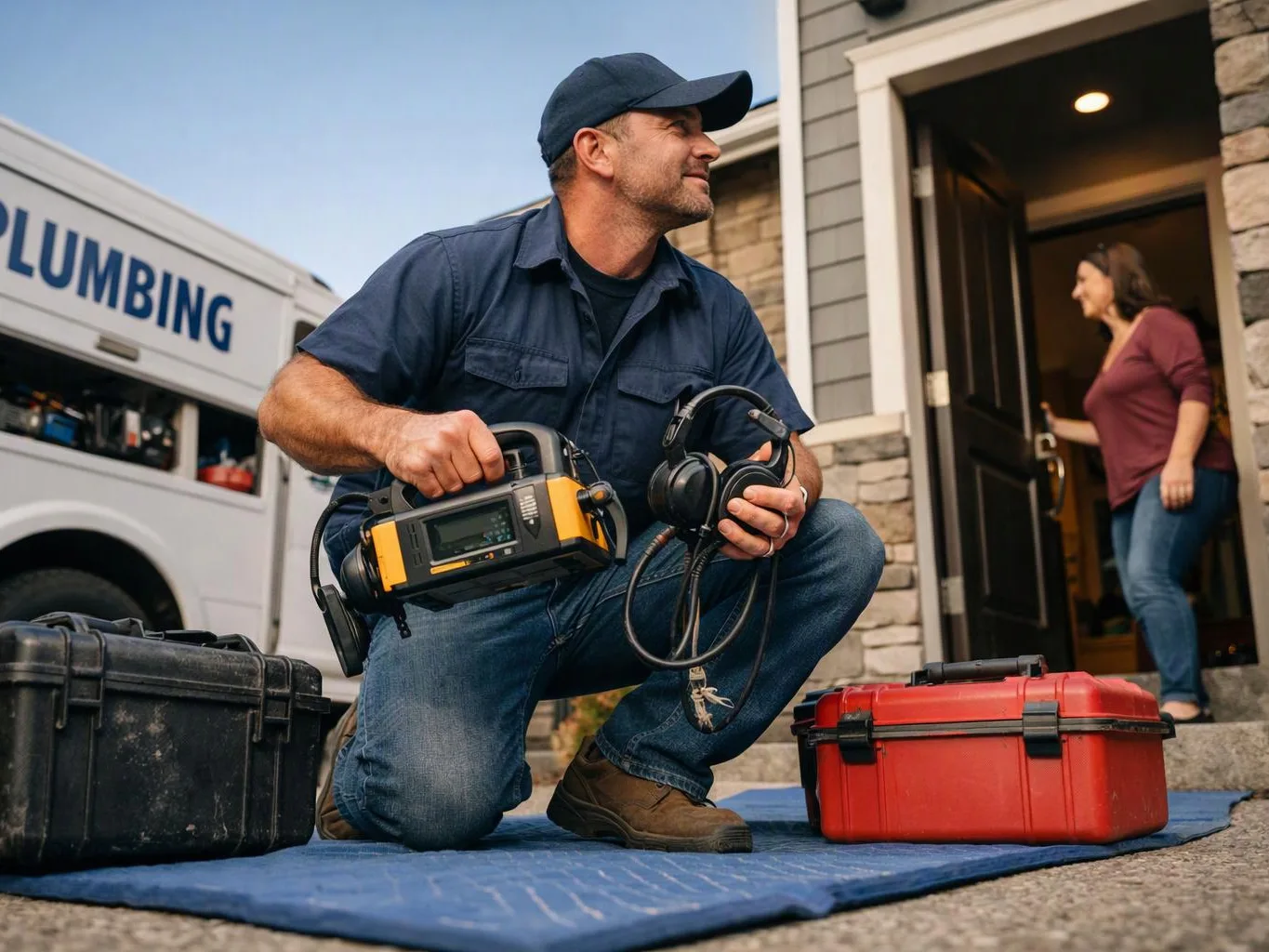 A kneeling repair worker holds equipment outside a house while a woman stands in the open doorway