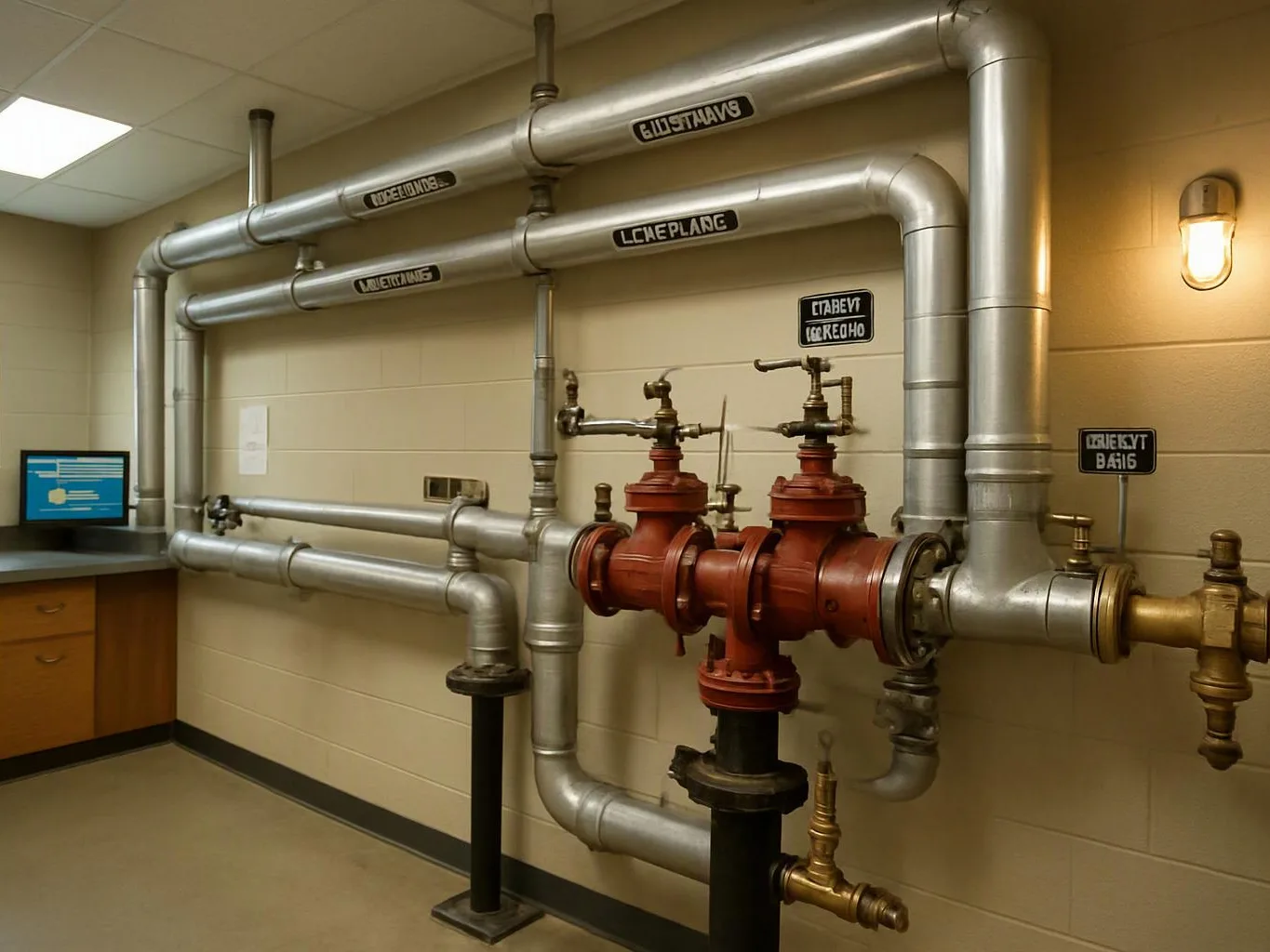 Large silver pipes and red valves run along a beige utility room wall beside a small monitor