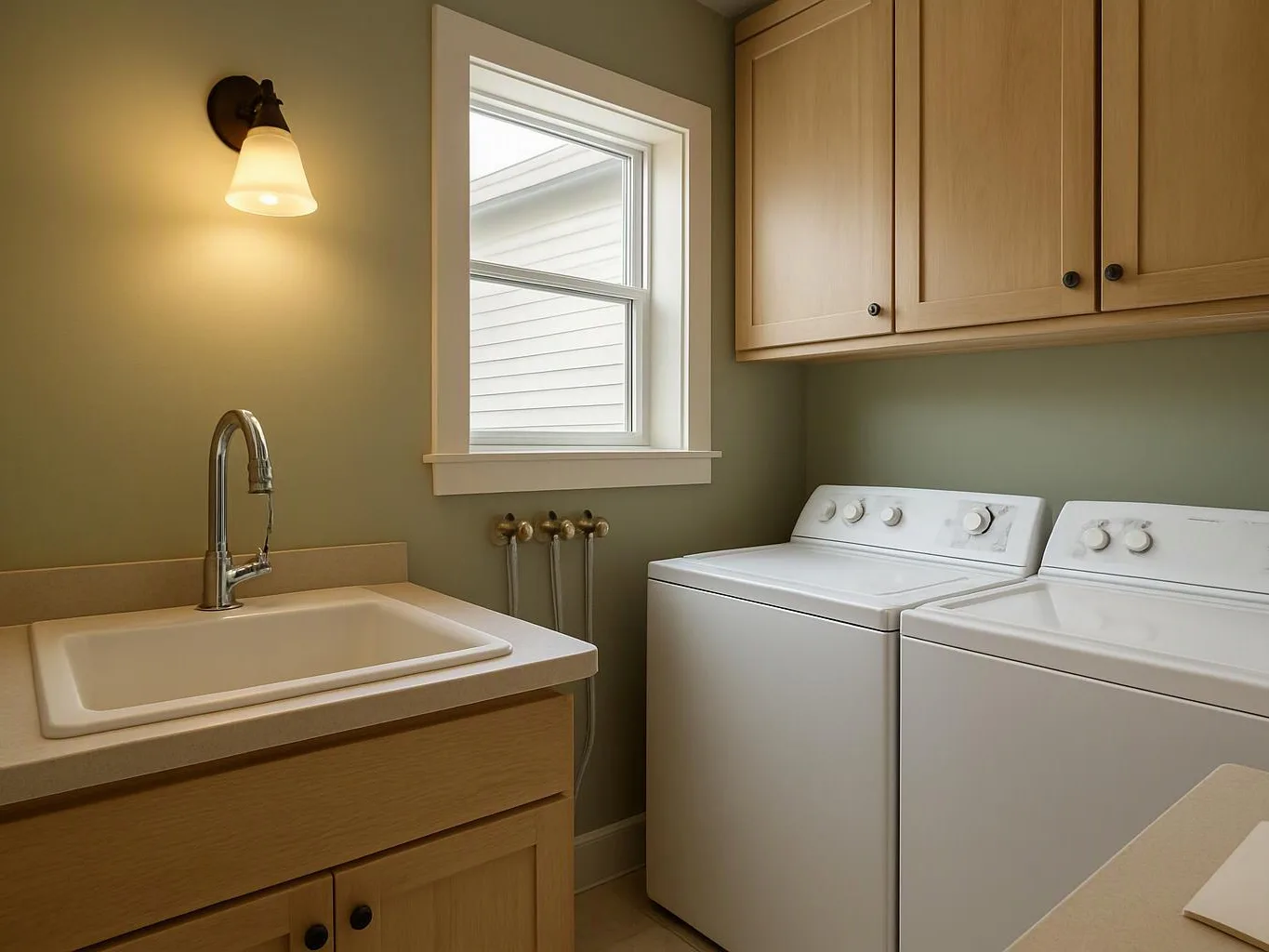 A laundry room shows a sink, a window, wall cabinets, and side by side washer and dryer units