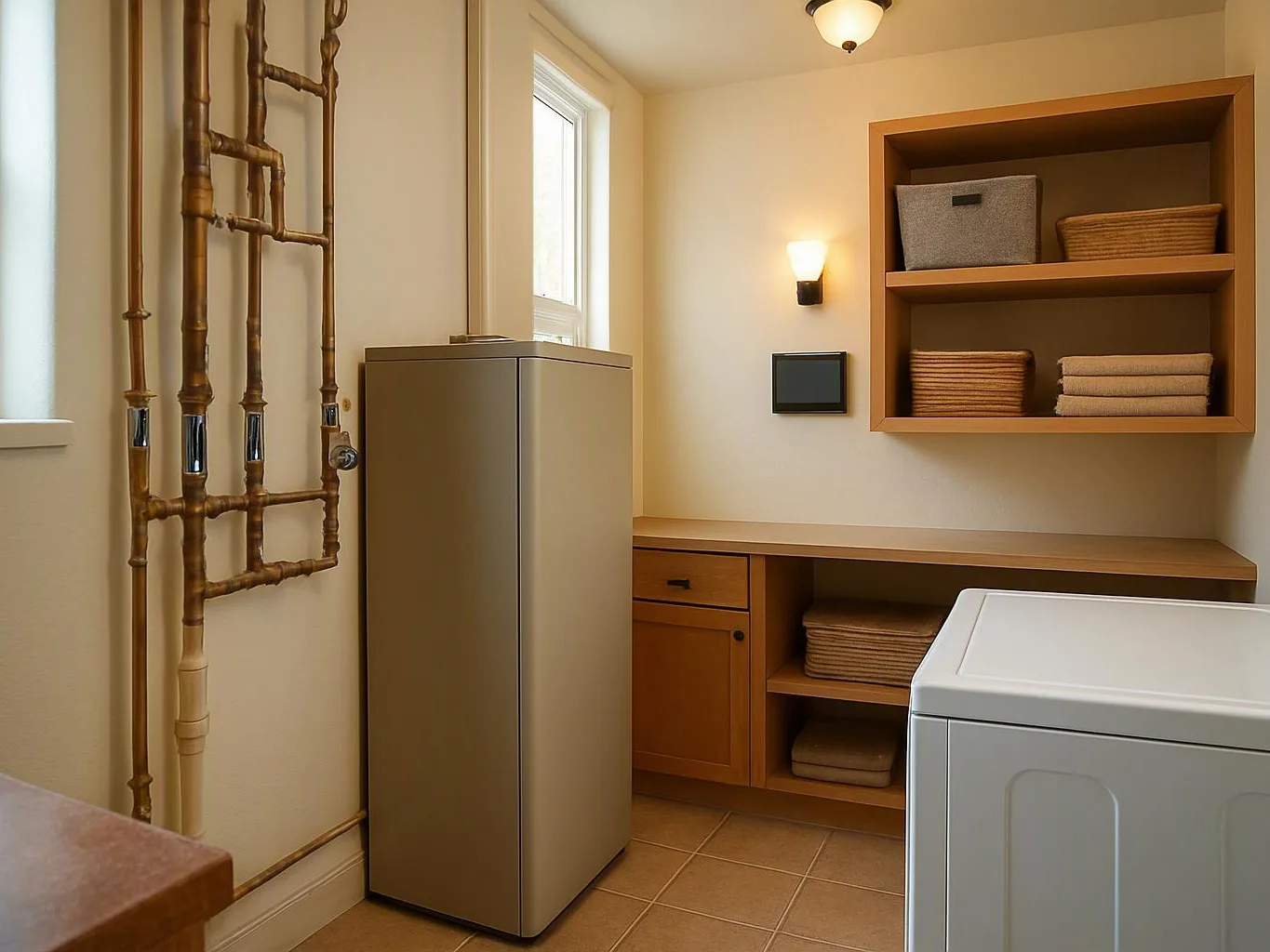 A laundry room shows a washer, dryer, shelves with folded towels, and exposed copper pipes against beige walls