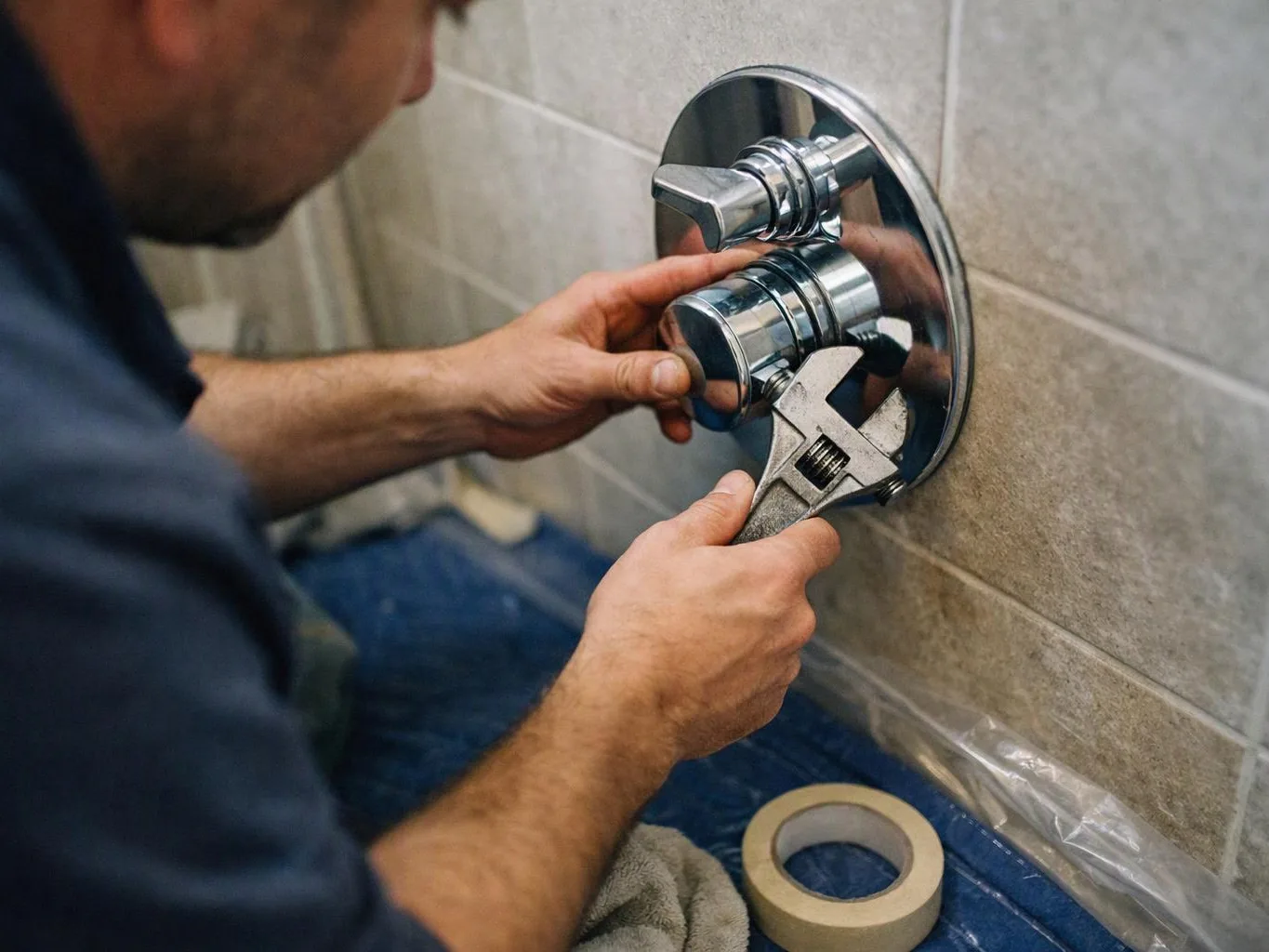 A man adjusts a chrome shower control with a wrench on a tiled bathroom wall