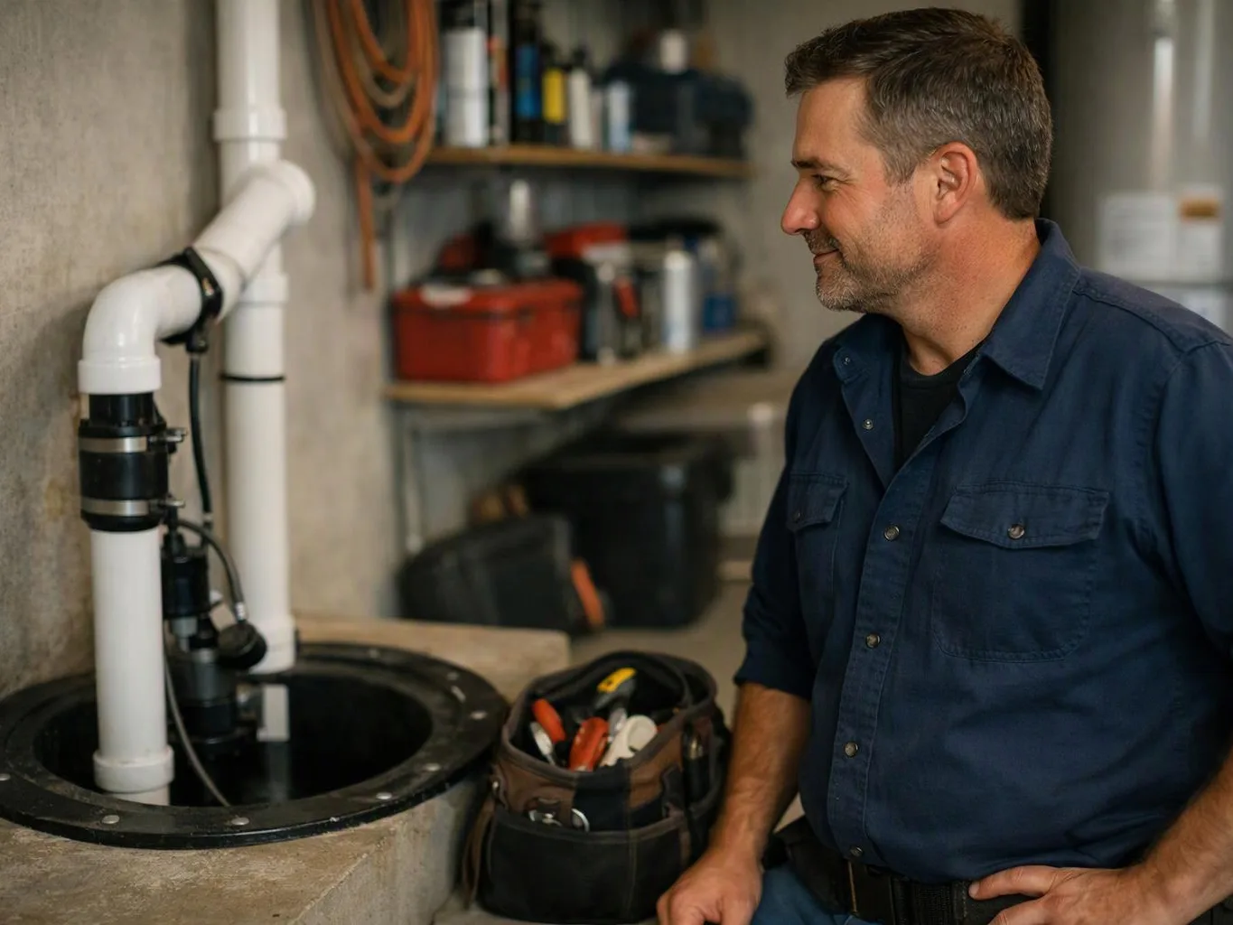 A man in a basement examines a sump pump with white pipes and tools beside him