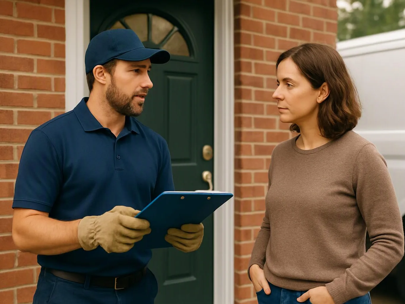 A man in a blue cap holds a clipboard while talking to a woman beside a brick house door