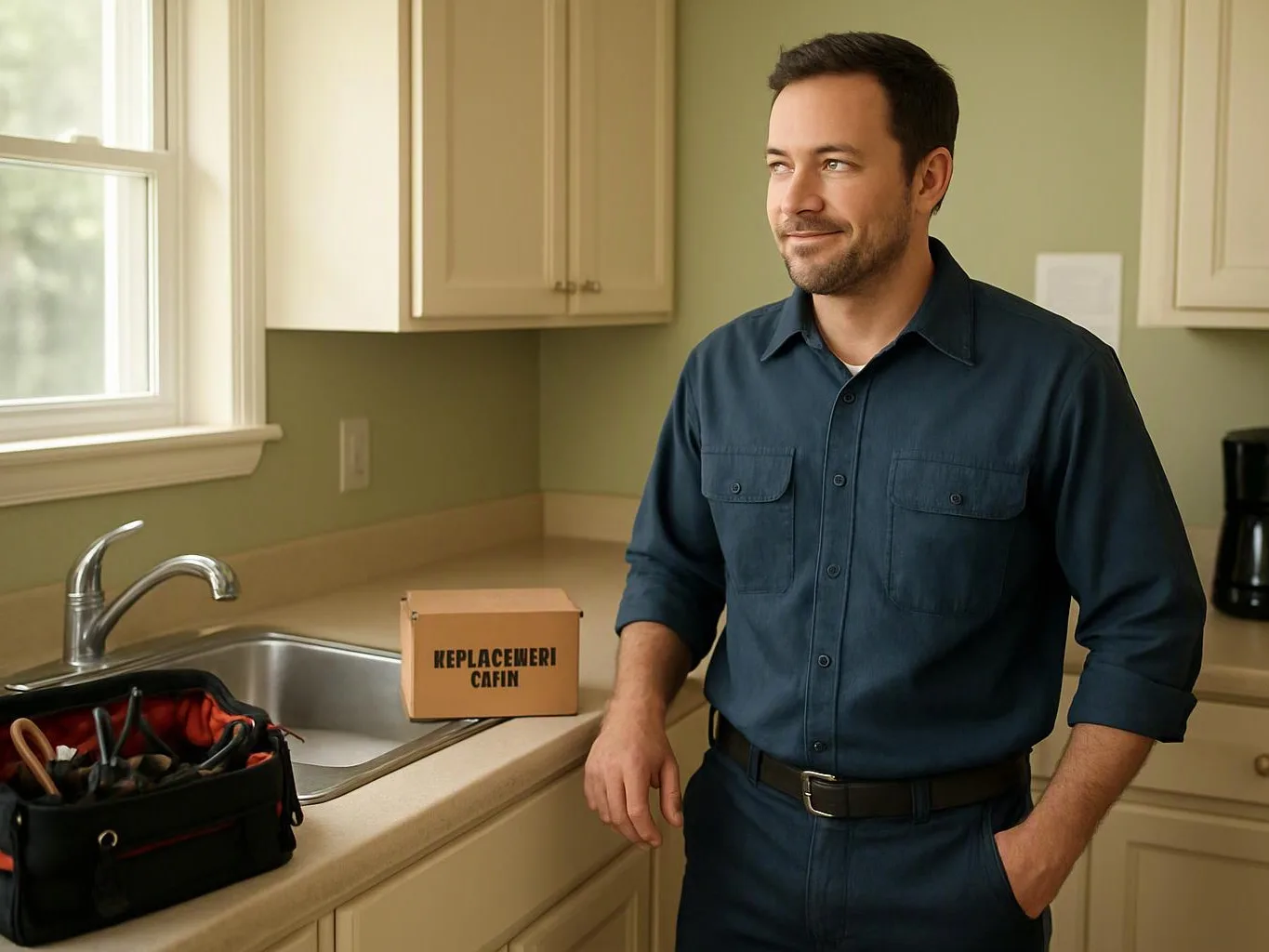 A man in a blue shirt stands beside a kitchen sink, with a tool bag and a cardboard box on the counter