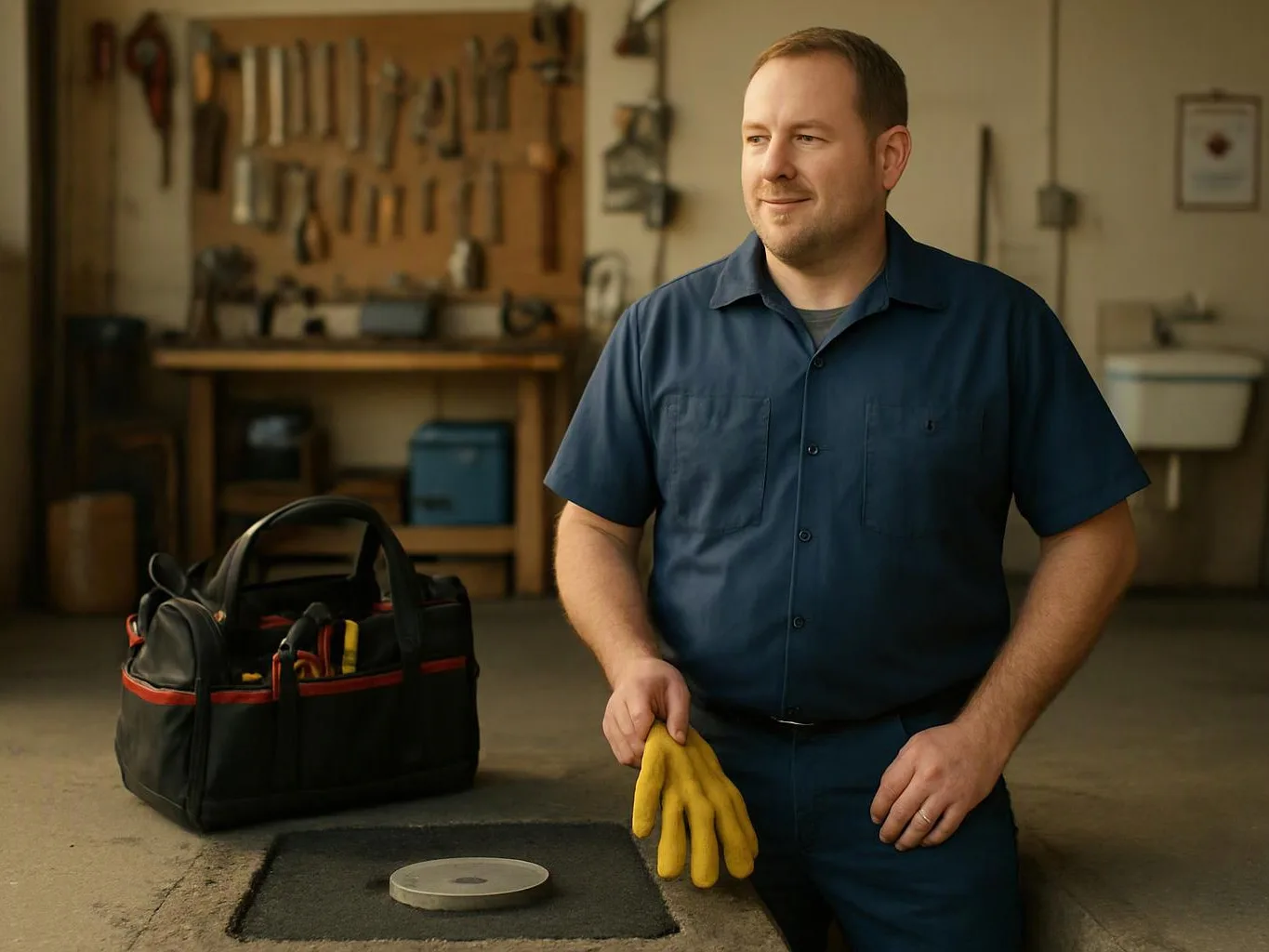 A man in a blue work shirt kneels in a workshop beside a tool bag and yellow gloves