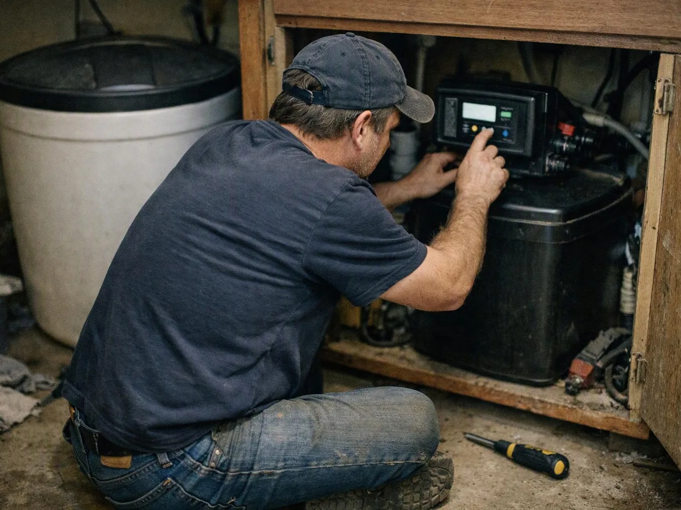 A man in a cap kneels inside a cabinet, adjusting a control panel beside large plumbing equipment