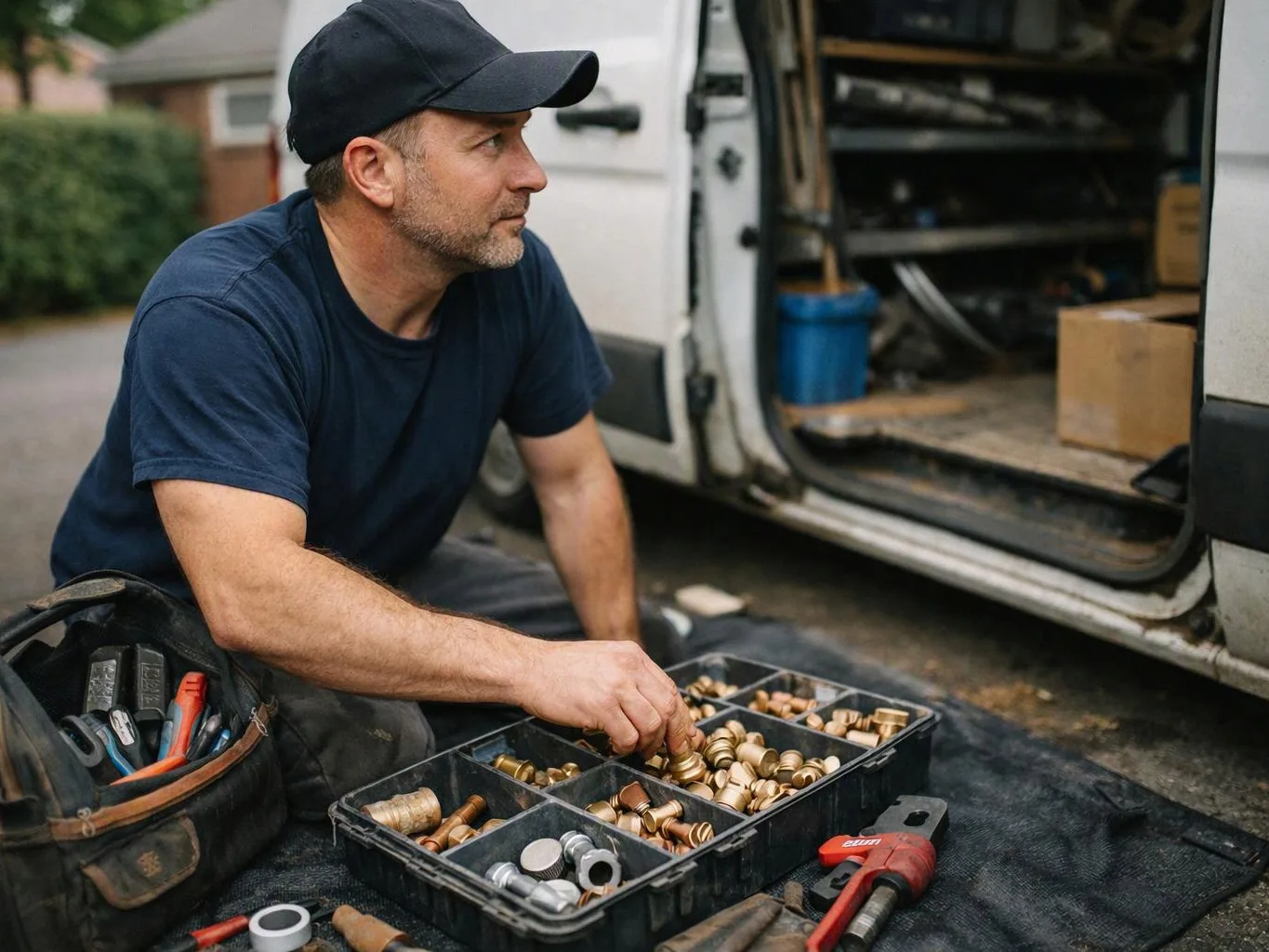 A man in a cap sorts brass fittings from a toolbox beside an open work van outdoors