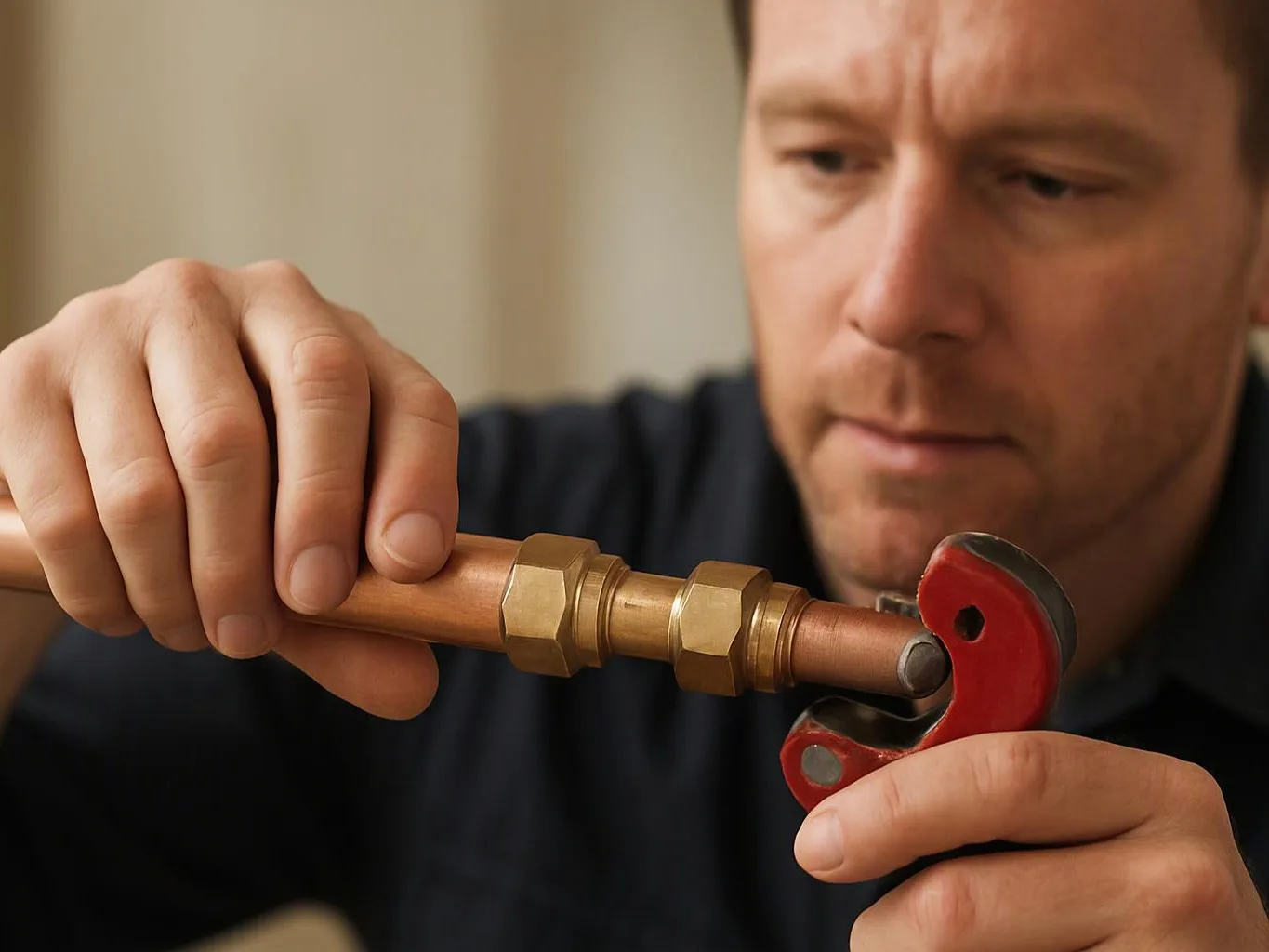 A man carefully uses a red pipe cutter on a copper pipe indoors