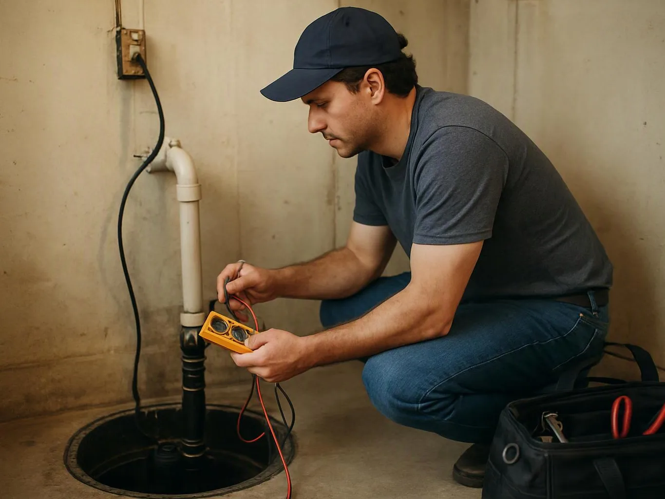 A man crouches by a basement sump pit, checking wires with a yellow multimeter next to a black tool bag
