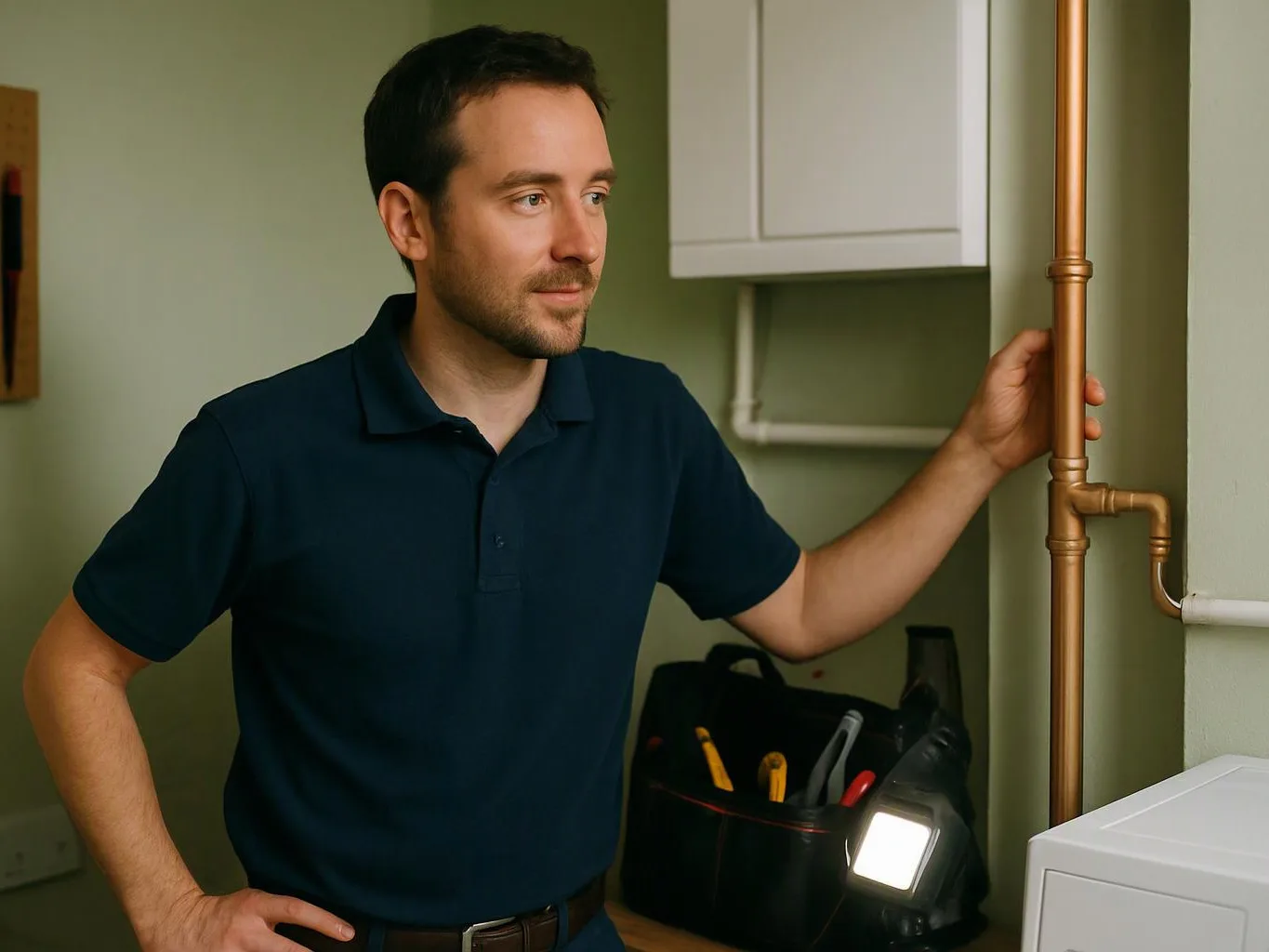 A man in a dark polo stands beside copper pipes, holding one in a small utility room
