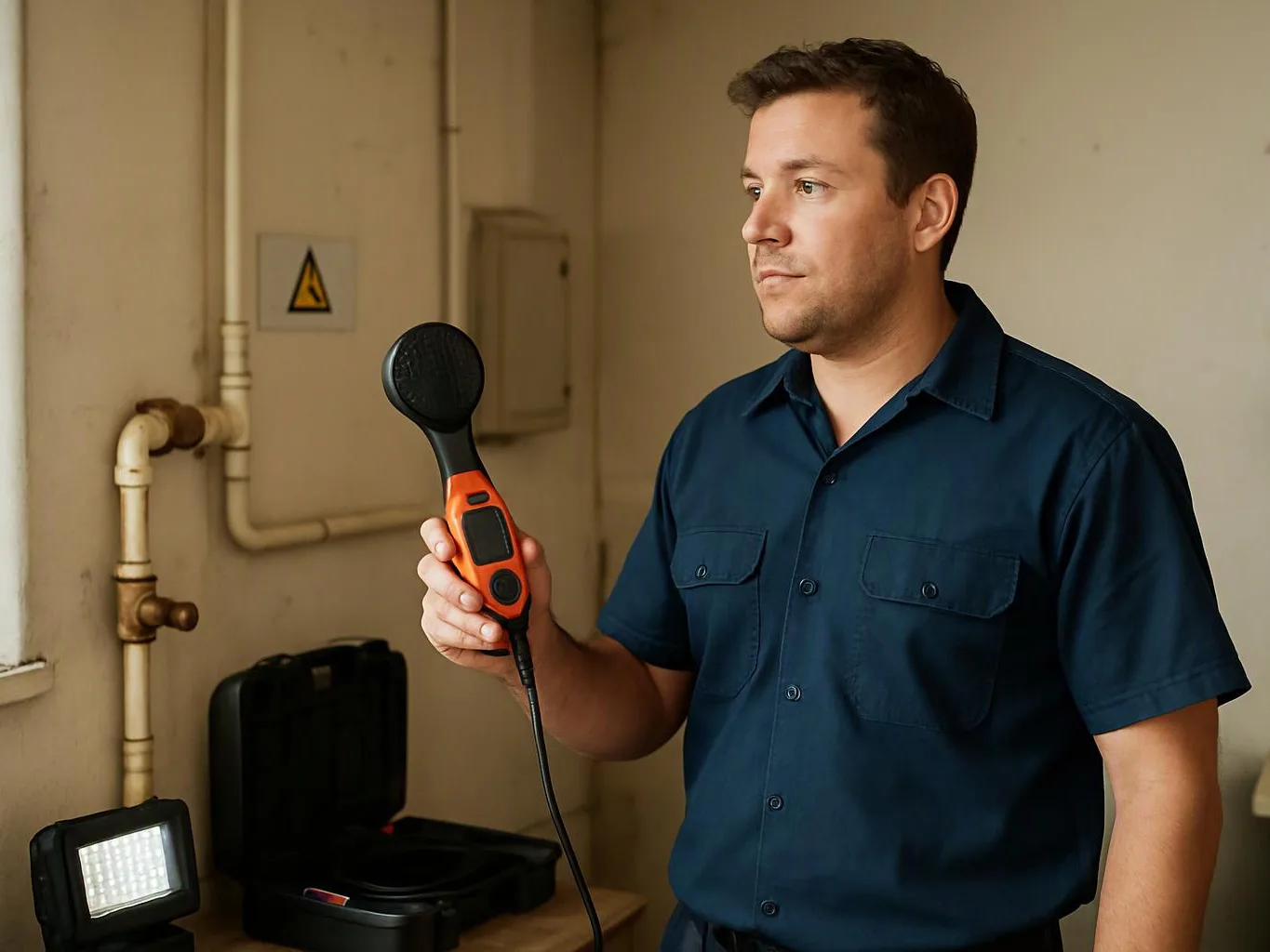 A man in a dark shirt holds a handheld device in a small utility room with pipes and equipment