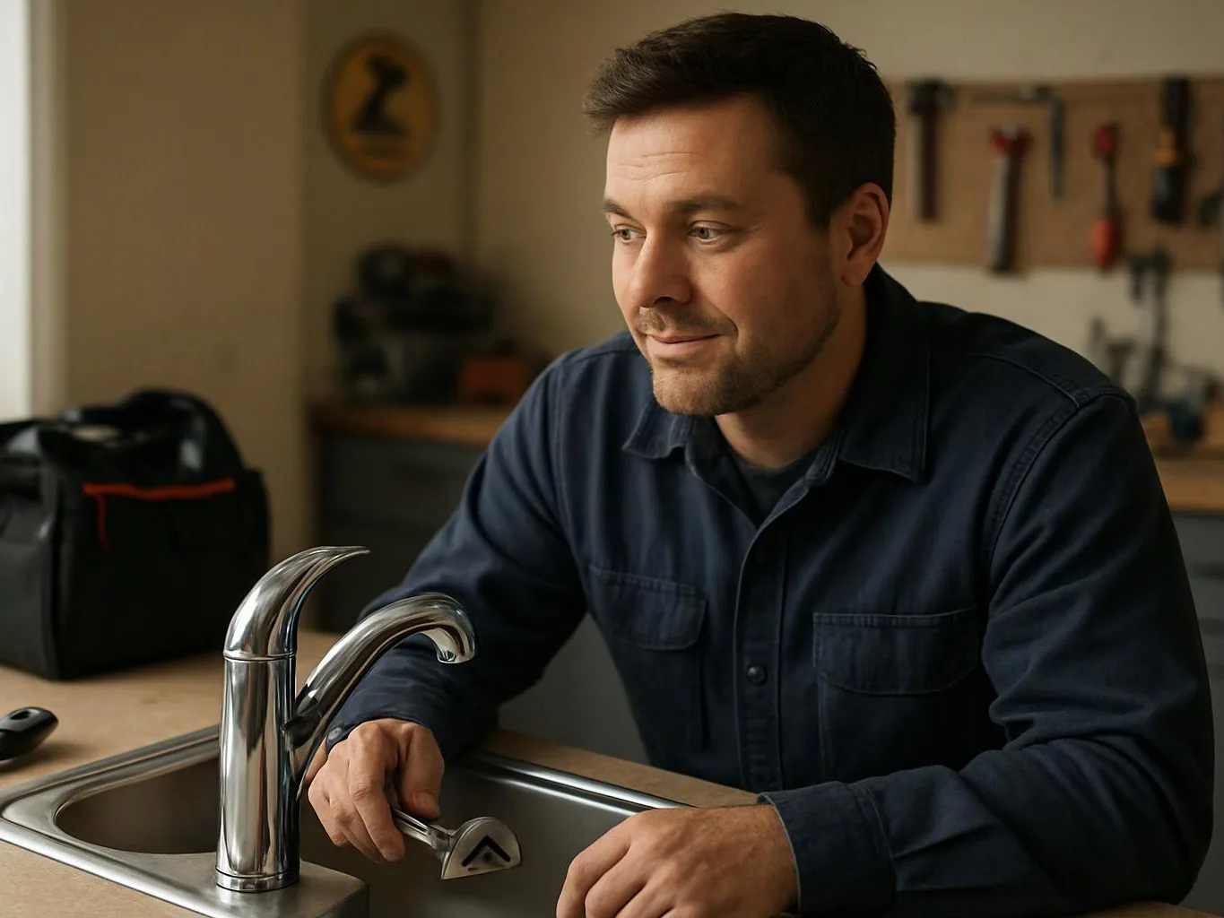 A man in a dark shirt works on a sink faucet in a workshop setting