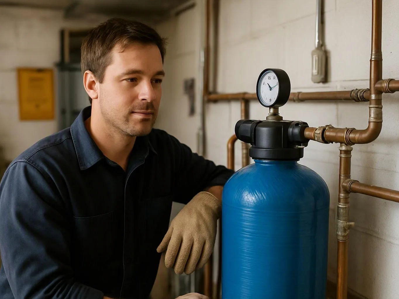 A man in a dark work shirt and glove inspects a blue tank with a gauge beside copper pipes indoors