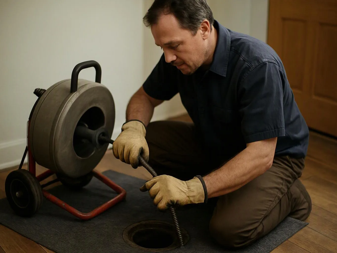 A man in gloves kneels beside a drain machine, feeding a metal cable into a floor opening